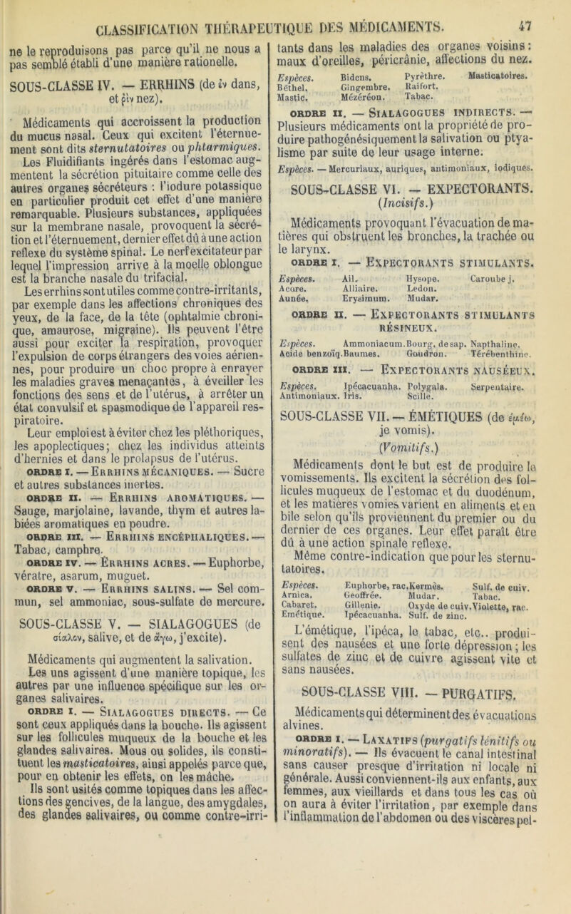 ne le reproduisons pas parce qu’il ne nous a pas sommé établi d’une manière rationelle. SOUS-CLASSE IV. — ERRHINS (de »v dans, et p'tv nez). Médicaments qui accroissent la production du mucus nasal. Ceux qui excitent l’éternue- ment sont dits sternutatoires ou phtarmiques. Les Fluidifiants ingérés dans l’estomac aug- mentent la sécrétion pituitaire comme celle des autres organes sécréteurs : l’iodure potassique en particulier produit cet effet d’une manière remarquable. Plusieurs substances, appliquées sur la membrane nasale, provoquent la sécré- tion et l’éternuement, dernier effet dû à une action reflexe du système spinal. Le nerf excitateur par lequel l’impression arrive à la moelle oblongue est la branche nasale du trifacial. Les errhins sont utiles comme contre-irritants, par exemple dans les affections chroniques des yeux, de la face, de la tête (ophtalmie chroni- que, amaurose, migraine). Ils peuvent l’être aussi pour exciter la respiration, provoquer l’expulsion de corps étrangers des voies aérien- nes, pour produire un choc propre à enrayer les maladies graves menaçantes, à éveiller les fonctions des sens et de l’utérus, à arrêter un état convulsif et spasmodique de l’appareil res- piratoire. Leur emploi est à éviter chez les pléthoriques, les apoplectiques; chez les individus atteints d’hernies et dans le prolapsus de l’utérus. ordre i.—Errhins mécaniques. — Sucre et autres substances inertes. ordre il. — Errhins aromatiques. — Sauge, marjolaine, lavande, thym et autres la- biées aromatiques en poudre. ordre ni. — Errhins encéphaliques.— Tabac, camphre. ordre iv. — Errhins acres. —Euphorbe, vératre, asarum, muguet. ordre v. — Errhins salins. — Sel com- mun, sel ammoniac, sous-sulfate de mercure. SOUS-CLASSE V. — SIALAGOGUES (de ataXov, salive, et de ayw, j’excite). Médicaments qui augmentent la salivation. Les uns agissent d’une manière topique, les autres par une influence spécifique sur les or- ganes salivaires. ORDRE I. — SlALAGrOGUES directs. — Ce sont ceux appliqués dans la bouche. Us agissent sur les follicules muqueux de la bouche et les glandes salivaires. Mous ou solides, ils consti- tuent les masticatoires, ainsi appelés parce que, pour en obtenir les effets, on les mâche. Ils sont usités comme topiques dans les affec- tions des gencives, de la langue, des amygdales, des glandes salivaires, ou comme contre-irri- tants dans les maladies des organes voisins : maux d’oreilles, péricrânie, afleclions du nez. Espèces. Bidcns. Pyrèthre. Masticatoires. Bêthel. Gingembre. Raifort. Mastic. Mézéréon. Tabac. ORDRE II. — SlALAGOGUES INDIRECTS. — Plusieurs médicaments ont la propriété de pro- duire palhogénésiquement la salivation ou ptya- lisme par suite de leur usage interne. Espèces. — Mercuriaux, auriques, antimoniaux, iodiques. SOUS-CLASSE VI. - EXPECTORANTS. (Incisifs.) Médicaments provoquant l'évacuation de ma- tières qui obstruent les bronches, la trachée ou le larynx. ordre i. — Expectorants stimulants. Espèces. Ail, Hysope. Caroube j. Acore. Alliaire. Ledon. Aunée, Erysimum. Mudar. ordre il. — Expectorants stimulants RÉSINEUX. Espèces. Ammoniacum.Bourg, de sap. Napthaline. Acide benzoïq.Baumes. Goudron. Térébenthine. ordre ni. — Expectorants nauséeux. Espèces. Ipécacuanha. Polygala. Serpentaire. Antimoniaux. Iris. Scille. SOUS-CLASSE VIL — ÉMÉTIQUES (de ép.m, je vomis). (Vomitifs.) Médicaments dont le but est de produire le vomissements. Ils excitent la sécrétion des fol- licules muqueux de l’estomac et du duodénum, et les matières vomies varient en aliments et en bile selon qu’ils proviennent du premier ou du dernier de ces organes. Leur effet paraît être dû à une action spinale retlexe. Même contre-indication que pour les sternu- latoires. Espèces. Euphorbe, rac.Kermès. Suif, de cuiv. Arnica. Geoffrée. Mudar. Tabac. Cabaret. Gillonie. Oxyde de cuiv.Violette, rac. Emétique. Ipécacuanha. Suif, de zinc. L’émétique, l’ipéca, le tabac, etc., produi- sent des nausées et une forte dépression ; les sulfates de zinc et de cuivre agissent vite et sans nausées. SOUS-CLASSE VIII. - PURGATIFS. Médicaments qui déterminent des évacuations alvines. ordre i. — Laxatifs (purgatifs Unitifs ou minoratifs). — Ils évacuent le canal intestinal sans causer presque d’irritation ni locale ni générale. Aussi conviennent-ils aux enfants, aux femmes, aux vieillards et dans tous les cas où on aura à éviter l’irritation, par exemple dans l’inflammation de l’abdomen ou des viscères pel-