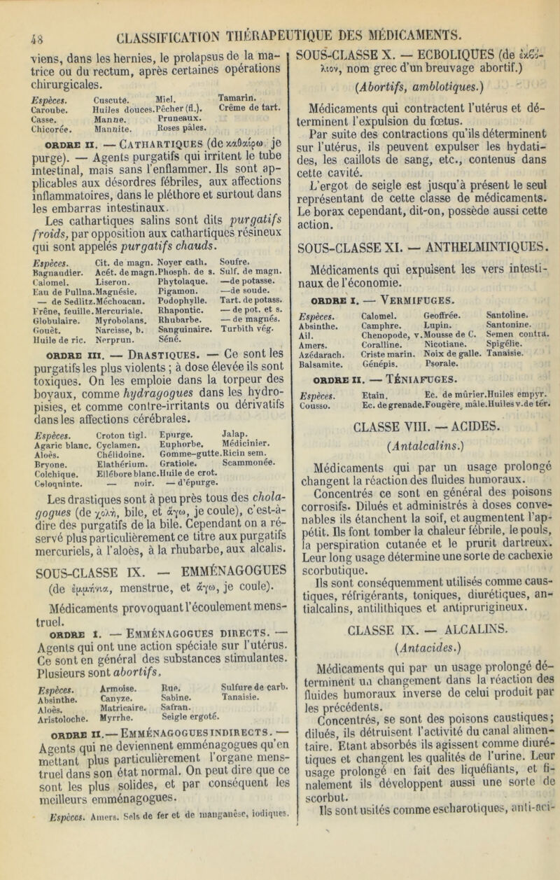 viens, dans les hernies, le prolapsus de la nia- j trice ou du rectum, après certaines opérations chirurgicales. Espèces. Cuscute. Miel. Tamarin. Caroube. HuiJes douces.Pêcher (fl.). Crème de tart. I Casse. Manne. Pruneaux. Chicorée. Mannite. Roses pâles. ordre ii. — Cathartiques (de xaôaîpw je purge). — Agents purgatifs qui irritent le tube intestinal, mais sans l’enflammer. Us sont ap- plicables aux désordres fébriles, aux affections inflammatoires, dans le pléthore et surtout dans les embarras intestinaux. Les cathartiques salins sont dits purgatifs froids, par opposition aux cathartiques résineux qui sont appelés purgatifs chauds. Espèces. Cit. de magn. Noyer cath. Soufre. Bagnaudier. Acét. demagn.Phospli. de s. Suif, de magn. Calomel. Liseron. Phytolaque. —de potasse. Eau de Pullna.Magnésie. Pigamon. —de soude. — de Sedlitz.Méchoacan. Podophylle. Tart. de potass. Frêne, feuille.Mercuriale. Rhapontic. — de pot. et s. Globuîaire. Myrobolans. Rhubarbe. — de magnés. Gouèt. Narcisse, b. Sanguinaire. Turbith vég. lluile de rie. Nerprun. Séné. ordre m. — Drastiques. — Ce sont les purgatifs les plus violents ; à dose élevée ils sont toxiques. On les emploie dans la torpeur des boyaux, comme hydragogués dans les hydro- pisies, et comme contre-irritants ou dérivatifs dans les affections cérébrales. Espèces. Croton tigl. Epurge. Jajap. Agaric blanc. Cyclamen. Euphorbe. Médicinier. Aloès. Chélidoine. Gomme-gutte.Ricin seim Bryone. Elathérium. Gratiole. Scammonee. Colchique. Ellébore blanc.Huile de crot. Celoqninte. — noir. — d’épurge. Les drastiques sont à peu près tous des chola- gogues (de ypiri, bile, et àp>, je coule), cest-à- dire des purgatifs de la bile. Cependant on a ré- servé plus particulièrement ce titre aux purgatifs mercuriels, à l’aloès, à la rhubarbe, aux alcalis. SOUS-CLASSE IX. — EMMÉNAGOGUES (de èfqi/nvia, menstrue, et àp>, je coule). Médicaments provoquant l’écoulement mens- truel. ORDRE I. — EMMÉNAGOGUES DIRECTS. — Agents qui ont une action spéciale sur l’utérus. Ce sont en général des substances stimulantes. Plusieurs sont abortifs. Espèces. Armoise. Rue. Sulfure de carb. Absinthe. Canyze. Sabine. Tanaisie. Aloès. Matricaire. Safran. Aristoloche. Myrrhe. Seigle ergoté. ORDRE II.— EMMÉNAGOGUES INDIRECTS. — Agents qui ne deviennent emmenagogues qu en mettant plus particulièrement l’organe mens- truel dans son état normal. On peut dire que ce sont les plus solides, et par conséquent les meilleurs emménagogues. Espèces. Amers. Sels de fer et de manganèse, indiques. SOUS-CLASSE X. — ECBOLIQUES (de è*6d- Xiov, nom grec d’un breuvage abortif.) (Abortifs, amblotiques.) Médicaments qui contractent l’utérus et dé- terminent l’expulsion du fœtus. Par suite des contractions qu’ils déterminent sur l’utérus, ils peuvent expulser les hydati- des, les caillots de sang, etc., contenus dans cette cavité. L’ergot de seigle est jusqu’à présent le seul représentant de cette classe de médicaments. Le borax cependant, dit-on, possède aussi cette action. SOUS-CLASSE XI. — ANTHELMINTIQUES. Médicaments qui expulsent les vers intesti- naux de l’économie. ordre i. — Vermifuges. Espèces. Calomel. Geoflrée. Santoliue. Absinthe. Camphre. Lupin. Santonine. Ail. Chenopode, v.Mousse de C. Semen contra. Amers. Coralline. Nicotiane. Spigélie. Azédarach. Criste marin. Noix de galle. Tanaisie. Balsamite. Génépis. Psorale. ORDRE II. — TÉNIAFUGES. Espèces. Etain. Ec. de mûrier.Huiles ernpyr. Cousso. Ec. de grenade.Fougère, mâle.Huilesv.de tér. CLASSE VIII. — ACIDES. (Antalcalins.) Médicaments qui par un usage prolongé changent la réaction des fluides humoraux. Concentrés ce sont en général des poisons corrosifs. Dilués et administrés à doses conve- nables ils étanchent la soif, et augmentent l’ap- pétit. Us font tomber la chaleur fébrile, le pouls, la perspiration cutanée et le prurit dartreux. Leur long usage détermine une sorte de cachexie scorbutique. Us sont conséquemment utilisés comme caus- tiques, réfrigérants, toniques, diurétiques, an- tialcalins, antilithiques et antiprurigineux. CLASSE IX. — ALCALINS. (Antacides.) Médicaments qui par un usage prolongé dé- terminent un changement dans la réaction des fluides humoraux inverse de celui produit par les précédents. Concentrés, se sont des poisons caustiques; dilués, ils détruisent l’activité du canal alimen- taire. Etant absorbés ils agissent comme diuré- tiques et changent les qualités de l’urine. Leur usage prolongé en fait des liquéfiants, et fi- nalement ils développent aussi une sorte de scorbut. Us sont usités comme escharotiques, anli-nn-