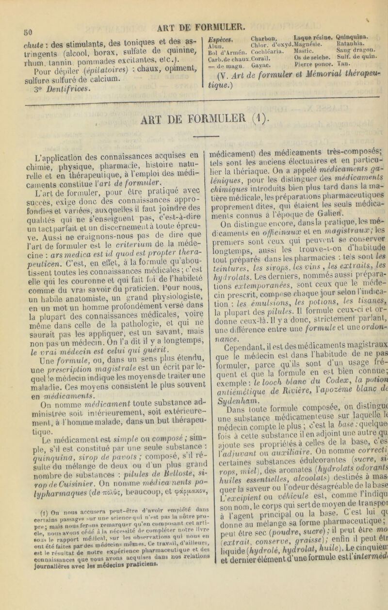 50 chute : des stimulants, des toniques et des as- tringents (alcool, borax, sulfate de quinine, rhum, tannin pommades excitantes, elc.j. Pour dépiler (épilo>toiv6$) *. chaux, opuuent, sulfure sulfuré de calcium. 3° Dentifrices. Espèces. Charbon. Laqua résine. Quinquina. Alun. Chlor. d’oxyd.Magnésie. Katanhia. Bol d’Armén. Coehléaria. Mastic. Sang dragon. Carb.de chaux.Corail. Os de seiche. Suif, de quiu. — deraagu. Gayac. Pierre ponce. Tau. (V. Art de formuler et Mémorial thérapeu- tique.) ART DE FORMULER (1). L’application des connaissances acquises en chimie, physique, pharmacie, histoire natu- relle et en thérapeutique, à l'emploi des médi- caments constitue l’art de formuler.. L’art de formuler, pour être pratique avec succès, exige donc des connaissances appro- fondies et variées, auxquelles il tant joindr e des qualités qui ne s’enseignent pas, c e>t-à-d.re un tact parfait et un discernement à toute épreu- ve. Aussi ne craignons-nous pas de dire que l’art de formuler est le critérium de la méde- cine : ars medica est id quod est propter met a- peuticen. C’est, en ellet, à la formule cju abou- tissent toutes les connaissances médicales ; c est elle qui les couronne et qui fait foi de I habileté comme du vrai savoir du praticien. Cour nous, un habile anatomiste, un grand physiologiste, en un mot un homme profondément verse dans la plupart des connaissances médicales, voiie même dans celle de la pathologie, et qui ne saurait pas les appliquer, est un savant, mais non pas un médecin. Un l’a dit il y a longtemps, le vrai médecin est celui qui guérit. Une formule, ou, dans un sens plus ©tendu, une prescription magistrale est un eciit par le- quel le médecin indique les moyensde traiter une maladie. Ces moyens consistent le plus souvent en médicaments. On nomme médicament toute substance ad- ministrée soit intérieurement, soit extérieure- ment, à 1 homme malade, dans un but theiapeu- tique. Le médicament est simple ou compose ; sim- ple, s’il est constitué par une seule substance : quinquina, sirop de pavois ; composé, s il ré- sulte du mélange de deux ou d’un plus grand nombre de substances : pilules de Belloste, si- rop de Cuisinier. On nomme médicaments po- lypharmaques (de 7ro/.û;, beaucoup, et médicament) des médicaments très-composés, tels sont les anciens électuajres et en particu- lier la thériaque. On a appelé médicament s ga- léniques, pour les distinguer des médicaments chimiques introduits bien plus lard dans la ma- tière médicale, les préparations pharmaceutiques proprement dites, qui étaient les seuls médica- ments connus a l'époque de Galien. On distingue encore, dansla pratique, les mé- dicaments en officinaux et en magisti aux, les premiers sont ceux qui peuvent se conserver longtemps, aussi les trouve-t-on d’habitude tout préparés dans les pharmacies . te sont les (j'. On nous accusera peut-être d'avoir empiété dans ceriains passages sur une science qui n'est pas la notre pro- pre- mais nous ferons remarquer qu en composant cet arti- cle,'nous avons cédé à la nécessité de compléter notre livre sous le rapport médical, sur les observations qui «‘ms en ont été faites par des médecins mêmes. Ce travail, d ailleurs est le résultat de notre expénence pharmaceut.que et des connaissances que nous avons acquises daus nos relations journalières avec les médecins praticiens. tUUt |JJ .v- j - 'il teintures, les sirops, les vins , les extraits, les hydrolats. Les derniers, nommés aussi prépara- tions extemporanées, sont ceux que le méde- cin prescrit, compose chaque jour selon indica- tion : les émulsions, les potions, les tisanes, la plupart des pilules. Il formule ceux-ci et or- donne ceux-là. Il y a donc, strictement parlant, une différence entre une formule et uneordon- \HClïlCS. Cependant, il est des médicaments magisti aux que le médecin est dans 1 habitude de ne pas formuler, parce qu ils sont d un. usage fre- quent et que la formule en er«t bien connue; exemple-, le looch blanc du Codex, la potion antiémétique de Rivière, 1 apozème blanc de ^Dans toute formule composée, or. distingue une substance médicamenteuse sur laquelle It médecin compte le plus ; c est la base .-quelque- fois à cette substance il en adjoint une autre qu ajoute ses propriétés à celles de la base, ces Xadiuvant ou auxiliaire. On nomme correctif certaines substances édulcorantes (sucre, si- rops, miel), des aromates (hydrolats odorants huiles essentielles, alcoolats) destinés a mas- quer la saveur ou l’odeur désagréable de la base 1 'excipient ou véhicule est, comme I indiqu son nom, le corps qui sertde moyen de transpor à basent principal ou la base. C est lui qr donne au mélange sa forme pharmaceutique; peut être sec (pondre, sucre); il peut être mo (extrait, conserve, graisse); enfin il peut elr l • Cil « , 1/1/110»' I I/O j ,7 / •? \ r • • ' liquide(hydrolé, hydrolat, huile). Lecinquiei et dernier élément d’une formule estl intei rned<