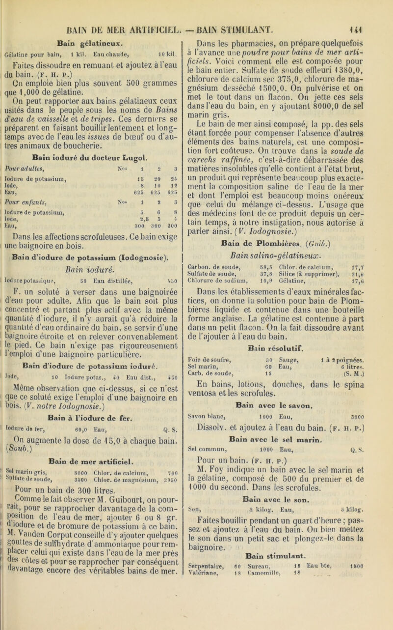 MIN DE MEK ARlIFiClEL. — BAIN STIMULANT. \i\ Bain gélatineux. Gélatine pour bain, 1 kil. Eau chaude, lOkil. Faites dissoudre en remuant et ajoutez à l’eau du bain. (f. ii. p.) On emploie bien plus souvent 500 grammes que 1,000 de gélatine. On peut rapporter aux bains gélatineux ceux usités dans le peuple sous les noms de Bains d'eau cle vaisselle et de tripes. Ces derniers se préparent en faisant bouillir lentement et long- temps avec de l’eau les issues de bœuf ou d’au- tres animaux de boucherie. Bain ioduré du docteur Lugol. Pour adultes, Nos 1 « 3 lodure de potassium, Iode, Eau, Pour enfants, lodure de potassium, Iode, Eau, 15 20 24 8 10 12 625 623 623 Nos l 2 3 5 6 8 2,8 3 V 300 300 300 Dans les affections scrofuleuses. Ce bain exige une baignoire en bois. Bai n d’iodure de potassium (Iodognosie). Dans les pharmacies, on prépare quelquefois à l’avance une poudre pour bains de mer arti- ficiels. Voici comment elle est composée pour le bain entier. Sulfate de soude ellleuri 1380,0, chlorure de calcium sec 375,0, chlorure de ma- gnésium desséché 1500,0. On pulvérise et on met le tout dans un flacon. On jette ces sels dans l’eau du bain, en y ajoutant 8000,0 de sel marin gris. Le bain de mer ainsi composé, la pp. des sels étant forcée pour compenser l’absence d’autres éléments des bains naturels, est une composi- tion fort coûteuse. On trouve dans la soude de varechs raffinée, c’est-à-dire débarrassée des matières insolubles qu’elle contient à l’état brut, un produit qui représente beaucoup plus exacte- ment la composition saline de l’eau de la mer et dont l’emploi est beaucoup moins onéreux que celui du mélange ci-dessus. L’usage que des médecins font de ce produit depuis un cer- tain temps, à notre instigation, nous autorise à parler ainsi. ( V. Iodognosie.) Bain de Plombières. (Guil>.) Bain salino-gélatineux- Bain ioduré. lodure potassique, 50 Eau distillée, 450 Carbon, de soude, 88,5 Chlor. de calcium. 17,7 Sulfate de soude, 37,8 Silice (à supprimer), 21,6 Chlorure de sodium, 10,9 Gélatine, 17,6 _ F. un soluté à verser dans une baignoirée d’eau pour adulte. Afin que le bain soit plus concentré et partant plus aelif avec la même quantité d’iodure, il n’y aurait qu’à réduire la quantité d’eau ordinaire du bain, se servir d’une baignoire étroite et en relever convenablement le pied. Ce bain n’exige pas rigoureusement l’emploi d’une baignoire particulière. Bain d’iodure de potassium ioduré. J°de, 10 lodure potas., 40 Eau dist., 450 Même observation que ci-dessus, si ce n’est que ce soluté exige l’emploi d'une baignoire en bois. (F. notre Iodognosie.) Bain à l’iodure de fer. Dans les établissements d’eaux minérales fac- tices, on donne la solution pour bain de Plom- bières liquide et contenue dans une bouteille forme anglaise. La gélatine est contenue à part dans un petit flacon. On la fait dissoudre avant de l’ajouter à l’eau du bain. Bain résolutif. Foie de soufre, 30 Sauge, làîpoignées. Sel marin, G0 Eau, 6 litres. Carb. de soude, 15 (S. M.) En bains, lotions, douches, dans le spina ventosa et les scrofules. Bain avec le savon. Savon blanc, 1000 Eau, 3000 lodure de fer, 60,0 Eau, Q. S. On augmente la dose de 15,0 à chaque bain. (Soub.) Bain de mer artificiel. Sel marin gris, 8000 Chlor. de calcium, 700 •-ulfate de soude, 3500 Chlor. de magnésium, 2950 Pour un bain de 300 litres. Comme le fait observer M. Guibourt, on pour- ra't, pour se rapprocher davantage de la com- position de l’eau de mer, ajouter 6 ou 8 gr. d ioduré et de bromure de potassium à ce bain. M. Vanden Corput conseille d’y ajouter quelques gouttes de sulfhydrate d'ammoniaque pour rem- placer celui qui existe dans l’eau de la mer près des côtes et pour se rapprocher par conséquent davantage encore des véritables bains de mer. Dissolv. et ajoutez à l’eau du bain. (f. ii. p.) Bain avec le sel marin. Sel commun, 1000 Eau, Q, S. Pour un bain. (f. h. p.) M. Foy indique un bain avec le sel marin et la gélatine, composé de 500 du premier et de 1000 du second. Dans les scrofules. Bain avec le son. Son, 2 kilog. Eau, 3 kilog. Faites bouillir pendant un quart d’heure ; pas- sez et ajoutez à l’eau du bain. Ou bien mettez le son dans un petit sac et plongcz-le dans la baignoire. Bain stimulant. Serpentaire, CO Sureau, 18 Eau bte, 1800 Valériane, 18 Camomille, 1?