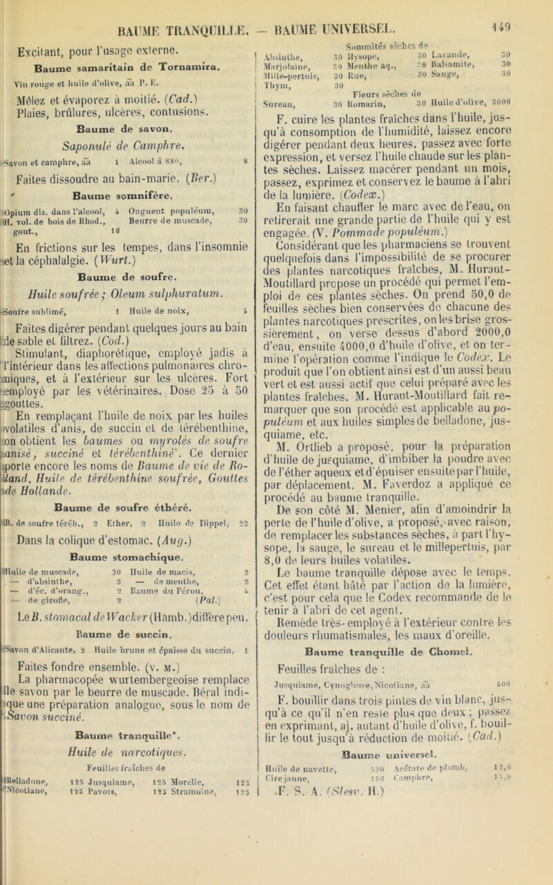 BAUME TRANQUILLE. Excitant, pour l’usage externe. Baume samaritain de Tornamira. Vin rouge et huile d’olive, aii P. E. Mêlez et évaporez à moitié. (Cad.) Plaies, brûlures, ulcères, contusions. Baume de savon. Saponulè de Camphre. •Savon et camphre, :îa 1 Alcool à 88®, 8 Faites dissoudre au bain-marie. (Ber.) * Baume somnifère. Opium dis. dans l’alcool, 4 Onguent populéum, 30 »H. vol. de bois de Rhod., Beurre de muscade, 30 goût., 16 En frictions sur les tempes, dans l’insomnie h«t la céphalalgie. ( Wurt.) Baume de soufre. Huile soufrée • Oleum sulphuraluni. jésoufre sublimé, 1 Huile de noix, 4 Faites digérer pendant quelques jours au bain [:de sable et filtrez. (Cod.) Stimulant, diaphonique, employé jadis à ' l’intérieur dans les affections pulmonaires chro- niques, et à l’extérieur sur les ulcères. Fort employé par les vétérinaires. Dose 25 à 50 [gouttes. En remplaçant l’huile de noix par les huiles •volatiles d’anis, de succin et de térébenthine, :on obtient les baumes ou myrolés de soufre ■ anisé, succinè et térébenthine*. Ce dernier .porte encore les noms de Baume de vie de Ro- land, Huile de térébenthine soufrée, Gouttes ■4e Hollande. Baume de soufre éthéré. 01. de soufre téréb., 2 Ether, 2 Huile de Dippel, 23 Dans la colique d’estomac. (Aug.) Baume stomachique. filnile de muscade, 30 Huile de macis, 2 ,— d’absinthe, 2 — de menthe, 2 — d’éc. d’orang., 2 Baume du Pérou, 4 — de girofle, 2 (Pal.) Le B. stomacal de Wache r ( H amb. )d i fiere pou. Baume de succin. •Savon d’Alicante, 2 Huile brune et épaisse du succin, 1 Faites fondre ensemble, (v. m.) La pharmacopée wurtembergeoise remplace Ile savon par le beurre de muscade. Béral indi- que une préparation analogue, sous le nom de Savon succinè. Baume tranquille*. Huile de narcotiques. Feuilles fraîches de HBelIadone, 123 Jusquiarae, 125 Morelle, 125 | îNieotiane, 125 Pavots, 123 Stramoine, 125 t - BAUME UNIVERSEL. 140 Sommités sèche 3 de 1 Absinthe, 30 Uysope, 30 Lavande, 30 | Marjolaine, 30 Menthe aq., 30 Balsamite, 30 i Mille-pertuis, 30 Rue, 30 Sauge, 30 1 Thym, 30 i Fleurs sèches do Sureau, 30 Romarin, 30 Huile d’oliv e, 3000 F. cuire les plantes fraîches dans 1 huile, jus- qu’à consomption de l’humidité, laissez encore digérer pendant deux heures, passez avec forte expression, et versez l’huile chaude sur les plan- tes sèches. Laissez macérer pendant un mois, passez, exprimez et conservez le baume à l’abri de la lumière. (Codex.) En faisant chauffer le marc avec de l’eau, on retirerait une grande partie de l’huile qui y est engagée. (V. Pommade populéum.) Considérant que les pharmaciens se trouvent quelquefois dans l’impossibilité de se procurer des plantes narcotiques fraîches, M. Huraut- Moutillard propose un procédé qui permet l’em- ploi de ces plantes sèches. On prend 50,0 de feuilles sèches bien conservées de chacune des plantes narcotiques prescrites, on les brise gros- sièrement , on verse dessus d’abord 2000,0 d’eau, ensuite 4000,0 d’huile d’olive, et on ter- mine l’opération comme l’indique le Codex. Le produit que l’on obtient ainsi est d’un aussi beau vert et est aussi actif que celui préparé avec les plantes fraîches. M. Huraut-Moutillard fait re- marquer que son procédé est applicable <m po- puléum et aux huiles simples de belladone, jus- quiame, etc. M. Ortlieb a proposé, pour la préparation d’huile dejuequiame, d’imbiber la poudre avec de l’éther aqueux etd’épuiser ensuite par l’huile, par déplacement. M. Faverdoz a appliqué ce procédé au baume tranquille. De son côté M. Menier, afin d’amoindrir la perle de l’huile d’olive, a proposé,'avec raison, de remplacer les substances sèches, à part l’hy- sope, la sauge, le sureau et le millepertuis, par 8,0 de leurs huiles volatiles. Le baume tranquille dépose avec le temps. Cet effet étant hâté par l’action de la lumière, c’est pour cela que le Codex recommande de le tenir à l'abri de cet agent. Remède très-employé à l’extérieur contre les douleurs rhumatismales, les maux d’oreille. Baume tranquille de Chôme!. Feuilles fraîches de : Jusquiame, Cynoglosse,Nicotiane, aa «00 F. bouillir dans trois pintes de vin blanc, jus- qu’à ce qu’il n’en reste plus que deux ; passez en exprimant, aj. autant d’huile d’olive, f. bouil- lir le tout jusqu’à réduction de moitié. [Cad.) Baume universel. Huile de navette, 590 Acétate de plomb, 12,0 Cire jaune, 196 Camphre, 13,0 •F. S. A. (Slesv. H.)