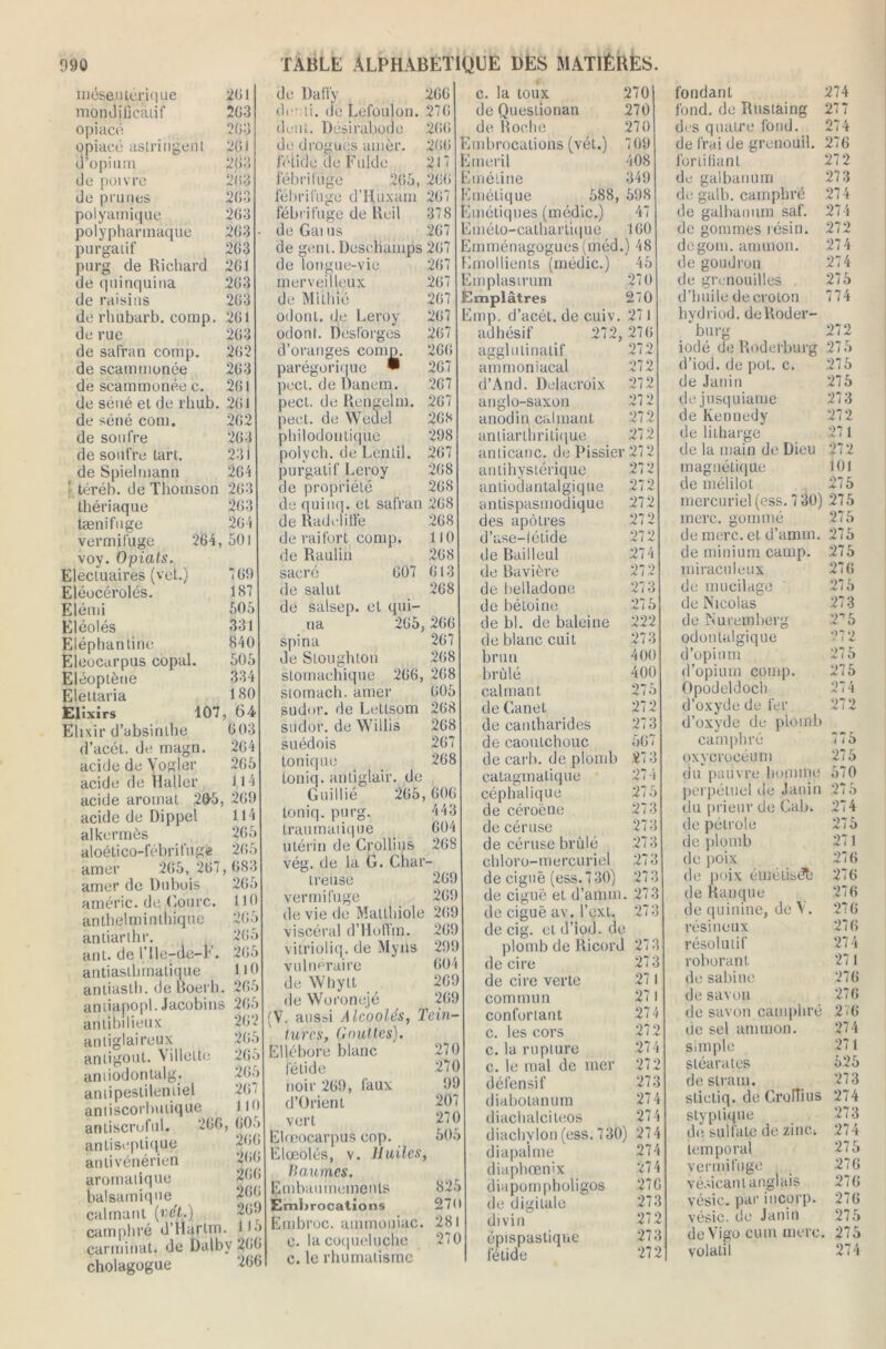 mésentérique 201 mondificàtif 203 opiacé 203 opiacé astringent 201 d’opium 203 de poivre 203 de prunes 203 polyamique 263 polypharmaque 203 • purgatif 203 purg de Richard 201 de quinquina 203 de raisins 203 de rhubarb. comp. 201 de rue 203 de safran comp. 202 de scainmonde 203 de scammonée c. 201 de séné et de rhub. 201 de séné corn. 202 de soufre 203 de soufre tart. 231 de Spielmann 204 f téréb. de Thomson 203 thériaque 203 tænifuge 204 vermifuge 264, 501 voy. Opiats. Electuairès (vcL) * 00 Eléocérolés. 187 Elémi 605 Eléolés 331 Eléphanline 040 Eleucurpus copal. 505 Eléoptène 334 Eleitaria 100 Elixirs 107,64 Elixir d’absinthe 003 d’acét. de magn. 204 acide de Vogler 205 acide de Haller 1.14 acide aromat 205, 209 acide de Dippel 114 alkermès 265 aloético-fébrifugfc 205 amer 205,207,083 amer de Dubois 265 améric. de Coure. 110 anlhelmintbique 205 antiarlhr. 205 ant. de l’Ile-do-E. 205 antiasthmalique HO anliasth. de Boerh. 205 anliapopl. Jacobins 205 antibilieux 202 anliglaireux 20.' anligout. Villelte aniiodontalg. anti pestilentiel antiscorbmique antiscruful. antiseptique antivénérien aromatique balsamique calmant («<&.) camphré d’Hartrn. I lo carminat. de Dalby 200 cholagogue 266 205 205 207 110 200, 005 200 200 200 200 209 de Raffy 2G0 demi, de Lefoulon. 270 dent. Désirabode 200 de drogues amer. 200 féLide de F tilde 217 Fébrifuge 205, 200 fébrifuge d’Huxam 207 fébrifuge de Reil 378 de Gai ns 207 de gent. Deschamps 207 de longue-vie 207 merveilleux 207 de Mithiô 207 odonl. de Leroy 207 odont. Desforges 207 d’oranges comp. 200 parégorique • 207 pect. de Danern. 207 pect. de Rengeim. 207 pect. de Wedel 20S philodon tique 298 polych. de Lentil. 267 purgatif Leroy 208 de propriété 208 de quinq. et safran 208 de Radclitfe 268 de raifort comp. 110 de Raulin 208 sacré 007 013 de salut 268 de salsep. et qui- na 205,200 spina 207 de Stoughton 208 stomachique 206, 208 stomach. amer 005 sudor. de Lettsom 208 stidor. de Willis 268 suédois 207 tonique 208 loniq. antiglair. de Guillié 205,600 loniq. purg. 443 traumatique 004 utérin de Crollîus 208 vég. de la G. Char- treuse 209 vermifuge 209 de vie de Malthiole 209 viscéral d’Hoffm. 209 vitrioliq. de Myns 299 vulnéraire 004 de Whylt 209 de Woronejé 209 (V. aus=i Alcoolés, Tein- tures, Gouttes). Ellébore blanc 270 fétide 27n hoir 209, faux 99 d’Orient 207 vert 270 Elœocarpus cop. 505 Elœolés, v. Huiles, Baumes. Embaumements 825 Embrocations 270 Embroc. ammoniac. 281 e. la coqueluche 270 c. le rhumatisme c. la toux 270 de Queslionan 270 de Roche 270 ■Cmbrocations (vét.) 709 Smeril 408 ümétine 349 îmélique 588, 598 ïmétiques (médic.) 47 Sméto-cathartique 100 mnménagogues(méd.) 48 -imollients (médic.) 45 ïiriplasirum 270 Emplâtres 270 Smp. d’acét. de cuiv. 27 1 adhésif 272, 270 agglulinatif 272 ammoniacal 272 d’And. Delacroix 272 anglo-saxon 272 anodin calmant 272 antiarthritique 272 anticanc. de Pissier 272 anti hystérique 272 antiodantalgique 272 antispasmodique 272 des apôtres 272 d’ase-létide 272 de Bailleul 274 de Bavière 272 de belladone 273 de béloino 276 de bl. de baleine 222 de blanc cuit 273 brun 400 brûlé 400 calmant 275 de Ganet 272 de cantharides 27 3 de caouichouc oG7 de cari), de plomb 27 3 catagmatique 274 céphalique 215 de céroëne 273 de céruse 273 de céruse brûlé 273 chloro-mercuriel 273 de ciguë (ess.730) 273 de ciguë et d’amm. 273 de ciguë av. l’ext. 273 de cig. et d’iod. de plomb de Ricord 273 de cire 273 de cire verte 271 commun 27 1 confortant 274 c. les cors 272 c. la rupture 274 c. le mal de mer 272 défensif 273 diabotanum 274 diachalciteos 274 diachvlon (ess. 730) 274 diapalme 274 diaphœnix 274 diapompholigos 270 de digitale 273 divin 272 épispaslique 273 fétide 272 fondant 274 fond, de Rustàing 277 des quatre fond. 274 de frai de grenouil. 276 fortifiant 272 de galbanum 273 de galb. camphré 274 de galbanum saf. 274 de gommes résin. 272 degoni. ammon. 274 de goudron 274 de grenouilles 275 d’huile decroton 774 hvdriod. deRoder- burg 272 iodé de Roderburg 275 d’iod. de pot. c. 276 de Janin 275 dejusquiame 273 de Kennedy 272 de litharge 271 de la main de Dieu 272 magnétique 101 de mélilot 275 mercuriel (ess. 7 30) 275 merc. gommé 275 de merc. et d’amm. 275 de minium camp. 275 miraculeux 270 de mucilage ' 275 de Nicolas 273 de Nuremberg 2*5 odonlulgique 272 d’opium 275 d'opium comp. 275 Opodeldocb 274 d’oxyde de fer 272 d’oxyde de plomb camphré 775 oxycrocéum 275 du pauvre homme 570 perpétuel de Janin 275 du prieur de Cab. 274 de pétrole 275 de plomb 271 de poix 270 de poix émétiséb 270 de Rauque 270 de quinine, de V. 270 résineux 270 résolutif 274 roborant 271 de sabine 270 de savon 270 de savon camphré 2ï6 de sel ammon. 274 simple 271 stéarates 625 désirant. 273 stictiq. de CroîRus 274 styplique 273 de sulfate de zinCi 274 temporal 275 vermifuge 270 vésicant anglais 270 vésie. parincorp. 270 vésic. de Janin 275 deVigo cuui merc. 275 volatil 274