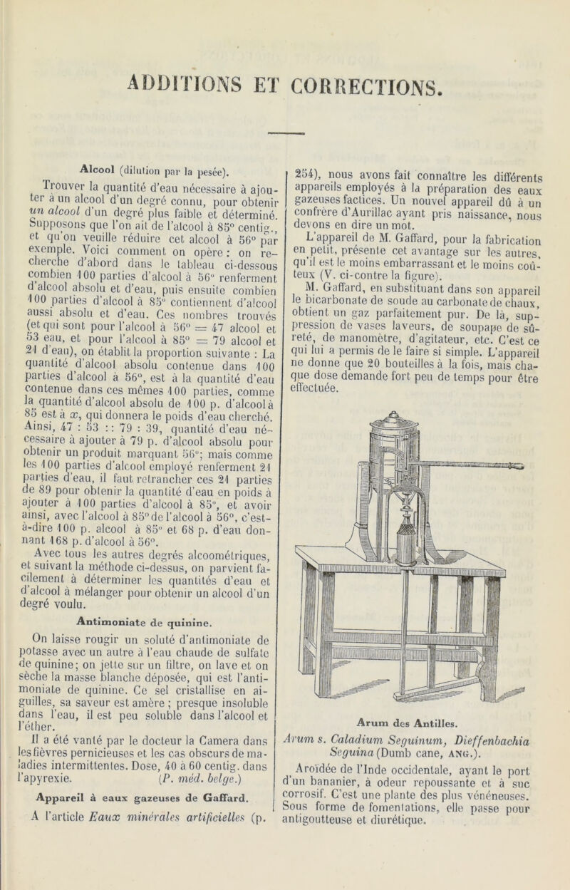 additions et corrections. Alcool (dilution par la pesée). Trouver la quantité d’eau nécessaire à ajou- ter a un alcool d un degré connu, pour obtenir tin alcool d un degré plus faible et déterminé. Supposons que Ton ait de l’alcool à 85° centig., et qu’on veuille réduire cet alcool à 56° par exemple. Voici comment on opère : on re- cherche d abord dans le tableau ci-dessous combien 100 parties d’alcool à 56° renferment d alcool absolu et d’eau, puis ensuite combien 100 parties d’alcool à 85° contiennent d’alcool aussi absolu et d’eau. Ces nombres trouvés (et, qui sont pour l’alcool à 56° = 47 alcool et 33 eau, et pour l’alcool à 85° = 79 alcool et 21 d eau), on établit la proportion suivante : La quantité d’alcool absolu contenue dans 100 parties d alcool à 56°, est à la quantité d’eau contenue dans ces mêmes 100 parties, comme la quantité d alcool absolu de 100 p. d’alcool à 85 est à x, qui donnera le poids d’eau cherché. Ainsi, 47 : 53 :: 79 : 39, quantité d’eau né- cessaire à ajouter à 79 p. d’alcool absolu pour obtenir un produit marquant 56ü; mais comme les 100 parties d’alcool employé renferment 21 parties d’eau, il faut retrancher ces 21 parties de 89 pour obtenir la quantité d’eau en poids à ajouter à 100 parties d’alcool à 85°, et avoir ainsi, avec l’alcool à 85°de l’alcool à 56°, c’est- à-dire 100 p. alcool à 85° et 68 p. d’eau don- nant 168 p. d’alcool à 56°. Avec tous les autres degrés alcoomélriques, et suivant la méthode ci-dessus, on parvient fa- cilement à déterminer les quantités d’eau et d alcool a mélanger pour obtenir un alcool d’un degré voulu. Antimoniate de quinine. On laisse rougir un soluté d’antimoniate de potasse avec un autre à l’eau chaude de sulfate de quinine; on jette sur un filtre, on lave et on sèche la masse blanche déposée, qui est l'anti- moniale de quinine. Ce sel cristallise en ai- guilles, sa saveur est amère ; presque insoluble dans l’eau, il est peu soluble dans l’alcool et l’éther. II a été vanté par le docteur la Caméra dans les fièvres pernicieuses et les cas obscurs de ma- ladies intermittentes. Dose, 40 a 60 centig. dans Tapyrexie. (P. méd. belge.) Appareil à eaux gazeuses de Gaffard. A l’article Eaux minérales artificielles (p. 254), nous avons fait connaître les différents appareils employés à la préparation des eaux gazeuses factices. Un nouvel appareil dû à un confrère d’Aurillac ayant pris naissance, nous devons en dire un mot. L’appareil de M. Gaffard, pour la fabrication en pelit, présente cet avantage sur les autres, qu’il est le moins embarrassant et le moins coû- teux (V. ci-contre la figure). M. Gaffard, en substituant dans son appareil le bicarbonate de soude au carbonate de chaux, obtient un gaz parfaitement pur. De là, sup- pression de vases laveurs, de soupape de sû- reté, de manomètre, d’agitateur, etc. C’est ce qui lui a permis de le faire si simple. L’appareil ne donne que 20 bouteilles à la fois, mais cha- que dose demande fort peu de temps pour être effectuée. Arum des Antilles. Arum s. Caladium Seguinum, Dieffenbachia (Dumb cane, ang.). _ Aroïdée de l’Inde occidentale, ayant le port d’un bananier, à odeur repoussante et à suc corrosif. C’est une plante des plus vénéneuses. Sous forme de fomenlations, elle passe pour antigoutteuse et diurétique.