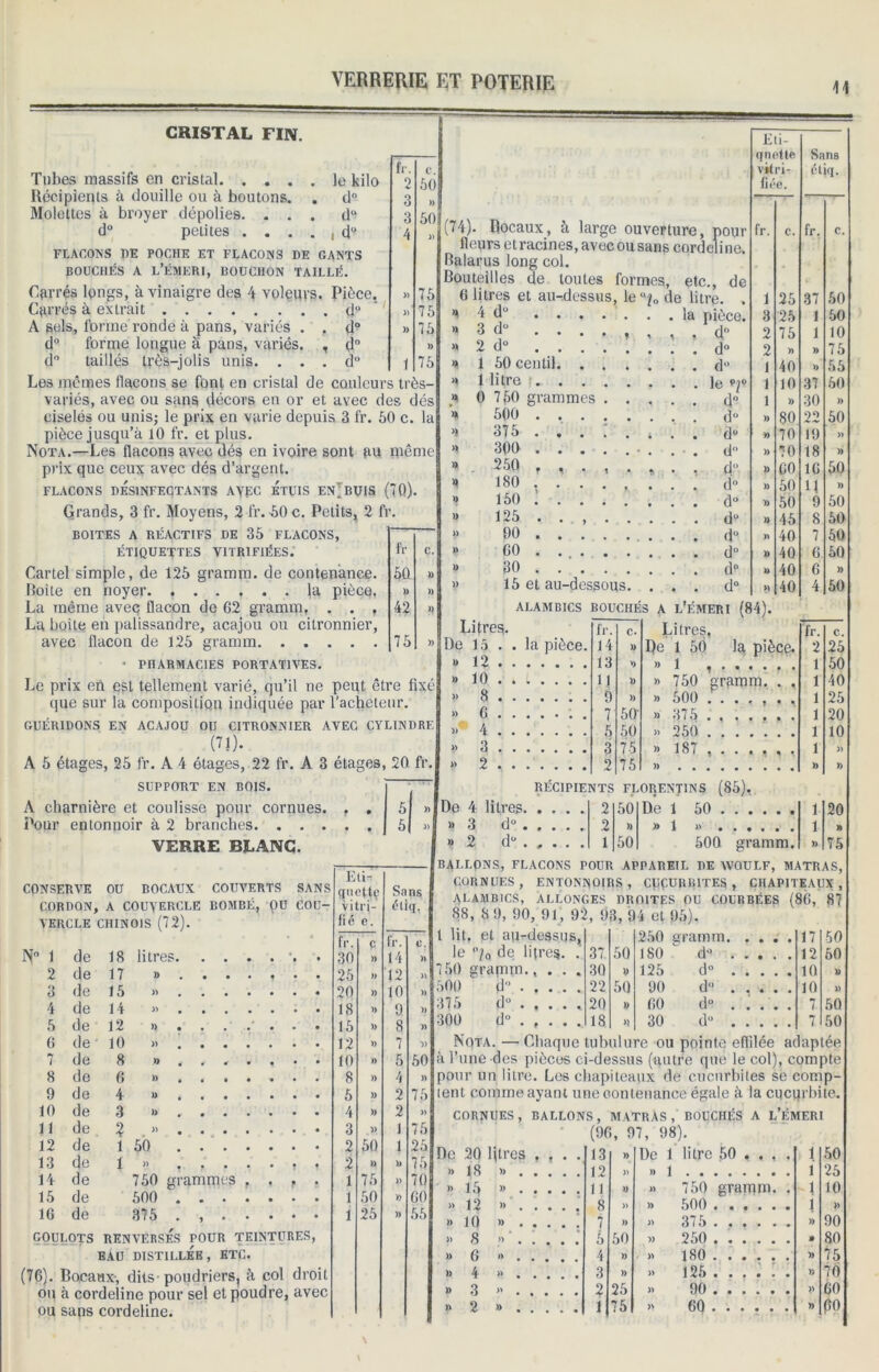CRISTAL FIN. le kilo d° du . du Tubes massifs en cristal. . . . Récipients à douille ou à boutons. Molettes à broyer dépolies. . . d° petites . . . FLACONS UE POCHE ET FLACONS DE GANTS bouchés a l’émeri, bouchon taillé. Carrés longs, à vinaigre des 4 voleurs. Pièce. Carrés à extrait d° A sels, lbnne ronde à pans, variés . . d° d° forme longue à pans, variés. , d° d° taillés très-jolis unis. . . . d“ Les memes flacons se font en cristal de couleurs très- variés, avec ou sans décors en or et avec des dés ciselés ou unis; le prix en varie depuis 3 fr. 50 c. la pièce jusqu’à 10 fr. et plus. Nota.—Les flacons avec dés en ivoire sont au même prix que ceux avec dés d’argent. flacons désinfectants avec étuis enïbuis (70). Grands, 3 fr. Moyens, 2 fr. 60 c. Petits, 2 fr. BOITES A RÉACTIFS DE 35 FLACONS, ÉTIQUETTES VITRIFIÉES. Cartel simple, de 125 gramm. de contenance. Boite en noyer. la pièce. La même avec flacon de G2 gramm, . . , La boite en palissandre, acajou ou citronnier, avec flacon de 125 gramm • PHARMACIES PORTATIVES. Le prix en est tellement varié, qu’il ne peut être fixé que sur la composition indiquée par l'acheteur. GUÉRIDONS EN ACAJOU OU CITRONNIER AVEC CYLINDRE (7J). A 5 étages, 25 fr. A 4 étages, 22 fr. A 3 étages, 20 fr. SUPPORT EN BOIS. A charnière et coulisse pour cornues. Pour entonnoir à 2 branches. . . . VERRE BLANC. fr 60. » 42 75 c. (74). Bocaux, à large ouverture, pour fleurs et racines, avec ou sans cordeline. Balarus long col. Bouteilles de toutes formes, etc., de 6 litres et au-dessus, le u?„ de litre. 4 du 3 d° . . 2 d“ . . 1 50 centil. 1 litre ?.. . 0 750 grammes 500 375 300 250 180 150 125 90 60 30 15 et au-dessous la pièce. , . d° d° d° le d° du du d° d° d° du dü d° d d° d° ALAMBICS BOUCHÉS A L’ÉMERI (84) Lii- qnotte vitri- fiée. fr. c. Sans étiq. fr. c. 50 50 10 75 55 60 » 50 » )> 50 )) 50 60 50 50 )) 50 CONSERVE OU BOCAUX COUVERTS SANS CORDON, A COUVERCLE BOMBÉ, OU COU- VERCLE CHINOIS (72). N' 1 1 2 3 4 5 6 7 8 9 10 11 12 13 14 15 16 de de de de de de de de de de de de de de de de 18 17 15 14 12 10 8 6 4 3 ? 1 1 litres » )> » î) » » )) R » 50 750 g 500 375 ammes GOULOTS RENVERSÉS POUR TEINTURES, EAU DISTILLÉE, ETC (76). Bocaux, dits poudriers, ou à cordeline pour sel et poudre, avec ou sans cordeline. col droit Eti qncttç vitri- fié e. ç )) » » » » i) » )) )> )) » 50 » 75 50 25 Sans éliq. Litres. fr. c. Litres, fr. C. De 15 .. la pièce. 14 i) De 1 50 la pièce. 2 25 » 12 13 R » 1 1 50 » 10 11 » » 750 gramm. . , 1 40 » 8 9 » » 500 ....... 1 25 » 6 : . 7 50- » 375 1 20 î» 4 5 50 » 250 1 10 » 3 3 75 » 187 . 1 » » 2 2 75 )) . )) )) [ RÉCIPIENTS FLORENTINS (85), 5 » De 4 litres 2 50 De 1 50 1 20 5| « » 3 du 2 » »1 » ...... 1 » » 2 d° . , . . . 1 50 500 gramm. » 75 BALLONS, FLACONS POUR APPAREIL DE YVOULF, MATRAS, CORNUES, ENTONNOIRS, CUCURBITES , CHAPITEAUX, ALAMBICS, ALLONGES DROITES OU COURBÉES (86, 87 88, 8 9, 90, 91, 92, 93, 94 et 95). 0. » 1 lit. et au-dessus, le °/0 de litres. . 37 50 250 gramm 180 dJ 17 12 50 50 750 gramm., . . . )) 125 d° 10 500 ” d° 22 50 90 d° R 375 d° . , . . , 20 R 60 d° 7 50 )) 300 d 18 » 30 d» 7 50 V Nota. — Chaque tubulure ou pointe effilée adaptée 50 à l’une des pièces ci-dessus (autre que le col), compte )) pour un litre. Les chapiteaux de cucnrbites se comp- 75 lent comme ayant une contenance égale à la cucqrbite. » CORNUES, BALLONS, MATRAS , BOUCHÉS A L’ÉMERI 75 25 76 70 60 55 De 20 litres . . . . (9( 13 i, 97, 98). » |Dc 1 litre 50 ... . 1 50 » 18 » 12 » » 1 1 25 » 15 » 11 R » 750 gramm. . -1 10 » 12 » 8 » >» 500 i » » 10 » 7 )) » 375 » 90 » 8 » 6 50 » 250 » 80 » 6 » 4 )) - » 180 » 75 » 4 » . . _ 3 )) >> 125 ); 70 » 3 » 2 25 » 90 60 » 2 » 1 75 » 60 » 60