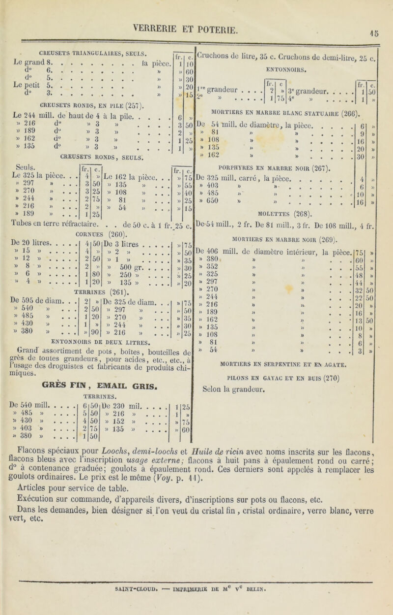 45 CREUSETS TRIANGULAIRES, SEULS. Le grand 8 la pièce, du 6 >, d- 5 Le petit 5 d° 3 » » CREUSETS RONDS, EN PILE (257). Le 244 mill. de haut de 4 à la pile. « 216 » 189 « 162 » 135 Seuls. Le 325 » 297 » 270 » 244 » 216 » 189 d° du dü du « 3 » 3 » 3 » 3 13 » » 3) CREUSETS RONDS, SEULS. fr c. 10 60 30 20 15 » 50 )) 25 Cruchons de litre, 35 c. Cruchons de demi-litre, 25 c. ENTONNOIRS. fr. C. Le 162 la pièce. . . fr. c. e. . . 4 » )> 75 3 50 » 135 33 » 55 3 25 » 108 13 ■» 40 2 75 » 81 » » 25 2 1 )> 25 » 54 » ... 15 De 20 litres. » 15 3> 12 » 8 3* 6 3) 4 de 50 c. à 1 fr. 25 c CORNUES (260). )) î) » î> î> 4 50 De 3 litres . . . )) 75 4 )) » 2 » ... » 50 2 50 13 1 ’> ... )) 35 2 ’> 500 gr. . . )> 30 1 80 » 250 » . . )) 25 1 20 » 135 » » 20 TERRINES (261). 2 » De 325 de diam. » 75 2 50 » 297 » . » 50 1 20 » 270 » » 35 1 D « 244 » • • » 30 » 90 13 216 13 . • • » 25 De 595 de diam. » 540 33 33 485 33 33 430 33 . 33 380 33 ENTONNOIRS DE DEUX LITRES. Grand' assortiment de pots, boîtes, bouteilles de grès de toutes grandeurs, pour acides, etc., etc., à 1 usage des droguistes et fabricants de produits chi- miques. GRÈS FIN , EMAIL GRIS. TERRINES. De 540 mill 6 50 De 230 mil 1 25 >> 485 » .... 5 50 » 216 » . . . . 1 )) i> 430 » .... 4 50 13 152 33 )) 75 » 403 » .... 2 75 w 135 » • • • • » 60 » 380 » .... 1 50 lrc grandeur . . 2° 33 fr. C fr. C. 2 )) 3e grandeur 1 50 1 75 4e 13 1 » D MORTIERS EN MARBRE BLANC STATUAIRE (266). 54 mill. de diamètre, la pièce » 81 3> » 33 108 33 ), 33 13 5 » » » 162 33 » PORPHYRES EN MARBRE NOIR (267). De 325 mill. carré, la pièce » 403 33 33 » 485 »- „ » 650 » 3> MOLETTES (268). MORTIERS EN MARBRE NOIR (269). De 406 mill. de diamètre intérieur, la pièce. 33 380 33 33 352 3> „ 33 325 33 » 3» 297 >3 270 » » » 244 » >3 » 21 6 >3 33 » 189 » 33 » 16 2 >3 3) <> 135 33 33 » 108 33 33 >3 81 » 33 » 54 33 33 MORTIERS EN SERPENTINE ET EN AGATE. PILONS EN GA Y AC ET EN BUIS (270) Selon la grandeur. 6 » )) 16 )> 20 » 30 » 4 » 6 » 10 )) 16 » , 4 fr. 75 )) 60 » 55 )) 48 )) 44 » 32 50 22 50 20 » 16 » 13 50 10 )» 8 » 6 » 3 )) Flacons spéciaux pour Loochs, demi-loochs et Huile de ricin avec noms inscrits sur les flacons, flacons bleus avec l’inscription usage externe; flacons à huit pans à épaulement rond ou carré; d° à contenance graduée; goulots à épaulement rond. Ces derniers sont appelés à remplacer les goulots ordinaires. Le prix est le même (Voy. p. 4 4). Articles pour service de table. Exécution sur commande, d’appareils divers, d’inscriptions sur pots ou flacons, etc. Dans les demandes, bien désigner si l’on veut du cristal fin , cristal ordinaire, verre blanc, verre vert, etc. SAINT-CLOUD. IMPRIMERIE DE Me Ve BELIN.