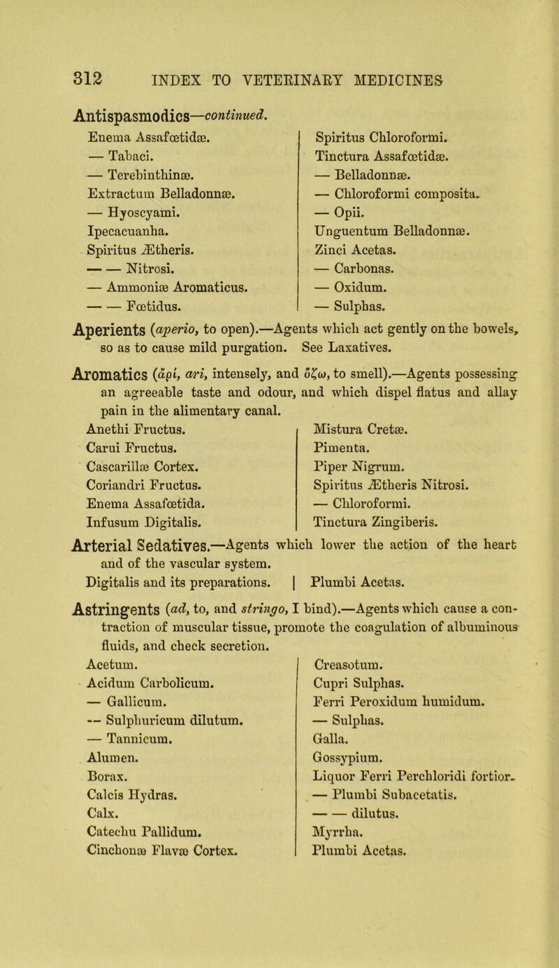 Antispasmodics— Enema Assalmtidm. — Tabaci. — Terebiutbinae. Extractiim Belladonnm. — Hyoscyami. Ipecacuanha. Spiritus Athens. Nitrosi. — Ammonise Aromaticus. Fcctidus. Aperients {aperio, to open).—Age so as to cause mild purgation. Aromatics intensely, and an agreeable taste and odour, pain in the alimentary canal. Anethi Fructus. Carui Fructus. Cascarillse Cortex. Coriandri Fructus. Enema Assafcetida. Infusum Digitalis. Arterial Sedatives.—Agents and of the vascular system. Digitalis and its prepamtions. Spiritus Chloroformi. Tinctura Assafmtidse. — Belladonnse. — Chloroformi composita.. — Opii. Unguentum Belladonnse. Zinci Acetas. — Carbonas. — Oxidum. — Sulphas. nts which act gently on the bowels. See Laxatives. o^o>, to smell).—Agents possessing and which dispel flatus and allay Mistura Cretse. Pimenta. Piper Nigrum. Spiritus ^theris Nitrosi. — Chloroformi. Tinctura Ziugiberis. ch lower the action of the heart Plumbi Acetas. Astringents to, and stringOt I bind).—Agents which cause a con- traction of muscular tissue, promote the coagulation of albuminous fluids, and check secretion. Acetum. Acidum Carbolicum. — Gallicum. — Sulphuricum dilutum. — Tannicum. Alumen. Borax. Calcis Hydras. Calx. Catechu Pallidum. Cinchonsa Flava) Cortex. Creasotum. Cupri Sulphas. Ferri Peroxidum humidum. — Sulphas. Galla. Gossypium. Liquor Ferri Perchloridi fortior* — Plumbi Subacetatis. dilutus. Myrrha. Plumbi Acetas.