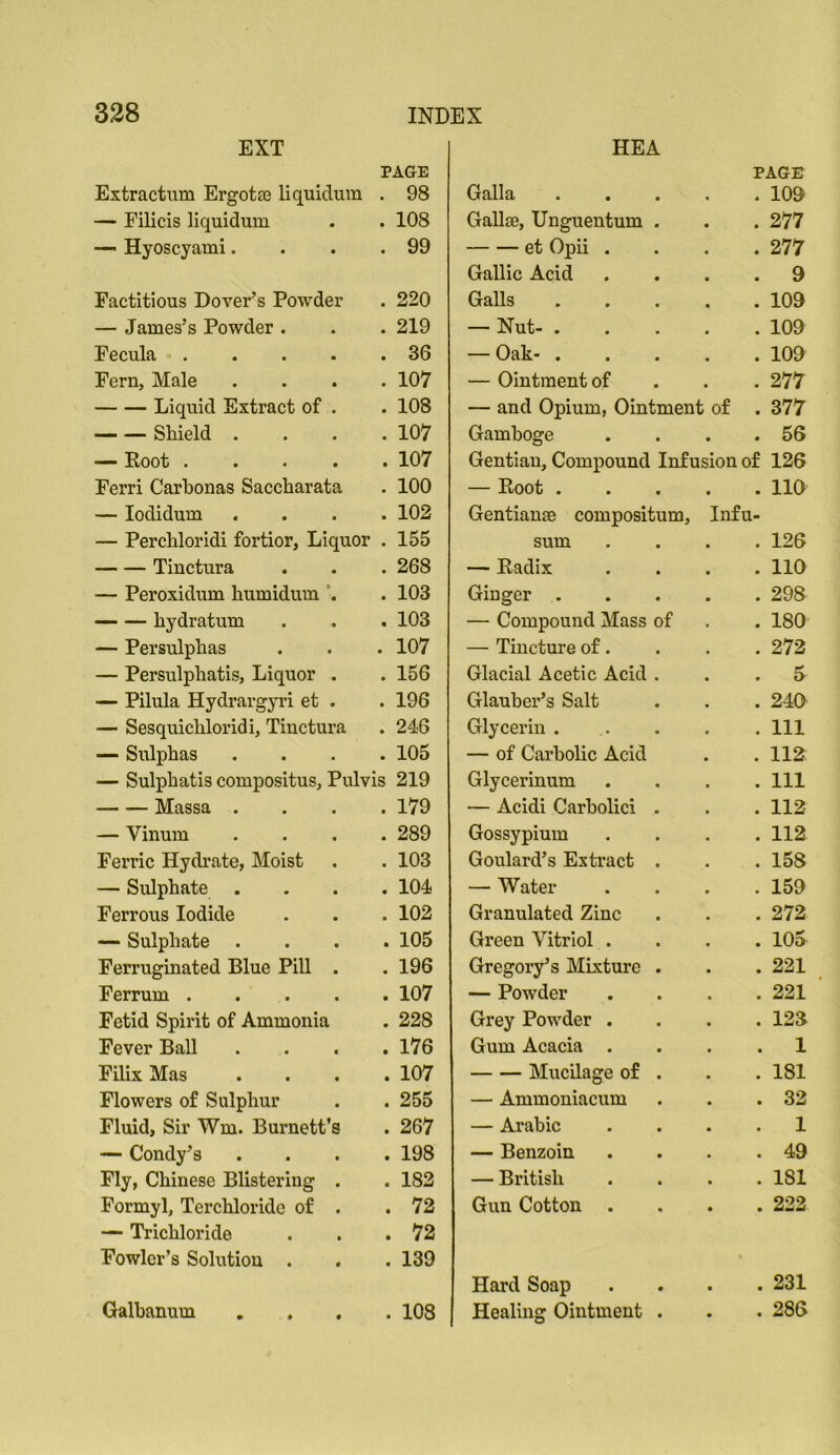 EXT PAGE Extractum ErgotsG liquidum . 98 — Filicis liquidum . . 108 — Hyoscyami. . . .99 Factitious Dover’s Powder . 220 — James’s Powder . . . 219 Fecula . . . . .36 Fern, Male .... 107 Liquid Extract of . . 108 Shield . . . .107 — Koot ..... 107 Ferri Carbonas Saccharata . 100 — lodidum .... 102 — Perchloridi fortior. Liquor . 155 Tiuctura . . . 268 — Peroxidum humidum '. . 103 — — hydratum . . . 103 — Per sulphas . . . 107 — Persulphatis, Liquor . . 156 — Pilula Hydrargyri et . . 196 — Sesquichloridi, Tiuctura . 246 — Sulphas .... 105 — Sulphatis compositus, Pulvis 219 Massa .... 179 — Vinum .... 289 Ferric Hydrate, Moist . . 103 — Sulphate .... 104 Ferrous Iodide . . . 102 Sulphate .... 105 Ferruginated Blue Pill . . 196 Ferrum . . . . . 107 Fetid Spirit of Ammonia . 228 Fever Ball . . . .176 FUix Mas .... 107 Flowers of Sulphur . . 255 Fluid, Sir Wm. Burnett’s . 267 — Condy’s .... 198 Fly, Chinese Blistering . . 182 Formyl, Terchloride of . .72 — Trichloride . . .72 Fowler’s Solution . , . 139 Galhanum , . . . 108 HEA PAGE Galla .... . 109 Gallse, Unguentum . . 277 et Opii . . 277 Gallic Acid . 9 Galls .... . 109 — Nut- .... . 109 — Oak- .... . 109 — Ointment of . 277 — and Opium, Ointment of . 377 Gamboge . 56 Gentian, Compound Infusion of 126 — Root .... . 110 Gentianae compositum, Infu- sum . 126 — Radix . 110 Ginger .... . 298 — Compound Mass of . 180 — Tincture of. . 272 Glacial Acetic Acid . . 5 Glauber’s Salt . 240 Glycerin . . Ill — of Carbolic Acid . 112 Glycerinum . Ill — Acidi Carbolici . . 112 Gossypium . 112 Goulard’s Extract . . 158 — Water . 159 Granulated Zinc . 272 Green Vitriol . . 105 Gregory’s MLxture . . 221 — Powder . 221 Grey Powder . . 123 Gum Acacia . 1 Mucilage of . . 181 — Ammoniacum . 32 — Arabic . 1 — Benzoin . 49 — British . 181 Gun Cotton . . 222 Hard Soap • . 231 Healing Ointment . • . 286