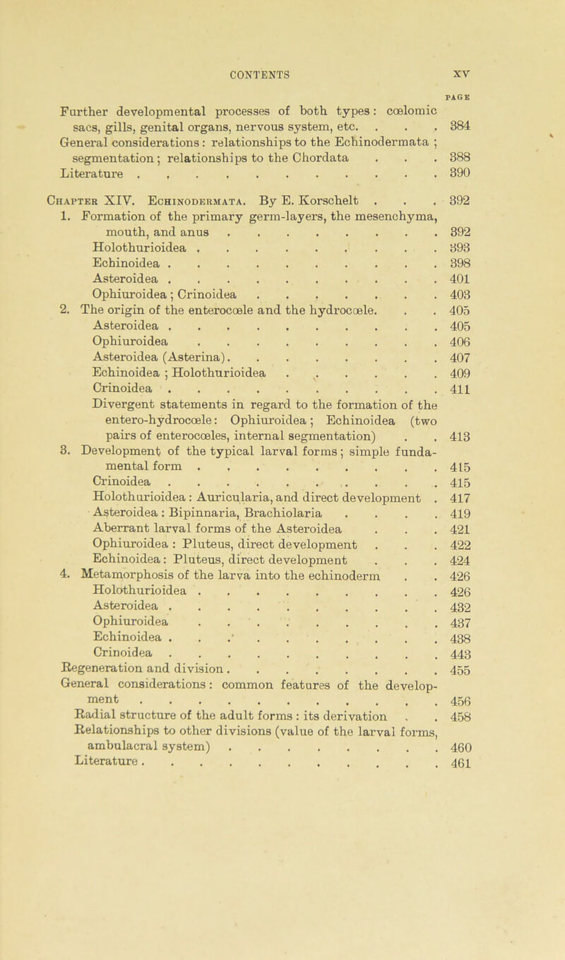 PAGE Further developmental processes of both types: coelomic sacs, gills, genital organs, nervous System, etc. . . . 384 General considerations: relationships to the Echinodermata ; Segmentation; relationships to the Chordata . . . 388 Literature 390 Chapter XIV. Echinodermata. By E. Korschelt . . . 392 1. Formation of the primary germ-layers, the mesenchyma, month, and anus 392 Holothurioidea 393 Echinoidea 398 Asteroidea 401 Ophiuroidea ; Crinoidea ....... 403 2. The origin of the enterocoele and the hydrocoele. . . 405 Asteroidea 405 Ophiuroidea 406 Asteroidea (Asterina) 407 Echinoidea ; Holothurioidea 409 Crinoidea 411 Divergent Statements in regard to the formation of the entero-hydrocoele: Ophiuroidea; Echinoidea (two pairs of enterocoeles, internal Segmentation) . . 413 3. Development of the typical larval forms; simple funda- mental form 415 Crinoidea . . .415 Holothurioidea: Auricularia, and direct development . 417 Asteroidea : Bipinnaria, Brachiolaria .... 419 Aberrant larval forms of the Asteroidea . . . 421 Ophiuroidea : Pluteus, direct development . . . 422 Echinoidea: Pluteus, direct development . . . 424 4. Metamorphosis of the larva into the echinoderm . . 426 Holothurioidea 426 Asteroidea 432 Ophiuroidea 437 Echinoidea . . 438 Crinoidea 443 Regeneration and division 455 General considerations: common features of the develop- ment 456 Radial structure of the adult forms : its derivation , . 458 Relationships to other divisions (value of the larval forms, ambulacral System) 460 Literature 461