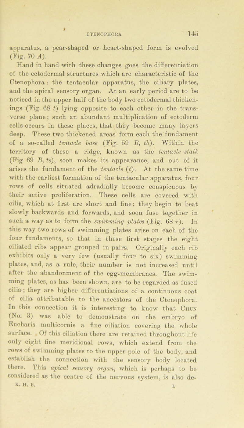 / CTENOPHORA 145 apparatus, a pear-shaped or heart-shaped form is evolved (Fig. 70 A). Hand in hand with these changes goes the differentiation of the ectodermal strnctures which are characteristic of the Ctenophora : tlie tentacular apparatus, the ciliary plates, and the apical sensory organ. At an early period are to be noticed in the upper half of the body two ectodermal thicken- ings (Fig. 68 t) lying opposite to each other in the trans- verse plane; such an abundant multiplication of ectoderm cells occnrs in these places, that;they become many layers deep. These two thickened areas foi’m each the fundament of a so-called tentacle base (Fig. 69 B, tb). Within the territory of these a ridge, known as the tentacle stalle (Fig 69 B, ts), soon makes its appearance, and out of it arises the fundament of the tentacle (t). At the same time with the earliest formation of the tentacular apparatus, four rows of cells situated adradially become conspicuous by their active proliferation. These cells are covered with cilia, which at first are short and fine; they begin to beat slowly backwards aixd forwards, and soon fnse together in such a way as to form the swimming plates (Fig. 68 r). In this way two rows of swimming plates arise on each of the four fundaments, so that in these first stages the eight ciliated ribs appear grouped in pairs. Originally each rib exhibits only a very few (usually four to six) swimming plates, and, as a rule, their number is not increased until after the abandonment of the egg-membranes. The swim- ming plates, as has been shown, are to be regarded as fused cilia; they are higher differentiations of a continuous coat of cilia at.tributable to the ancestors of the Ctenophora. In this Connection it is interesting to know tfiat Chun (Ho. 3) was able to demonstrate on the embryo of Hucharis multicornis a fine ciliation covering the wliole surface. Of this ciliation there are retained throughout lit’e only eight fine meridional rows, which extend from the rows of swimming plates to the upper pole of the body, and establish the Connection with the sensory body located there. rI his apical sensory organ, which is perhaps to be considered as the centre of the nervous System, is also de- K. H. E. L