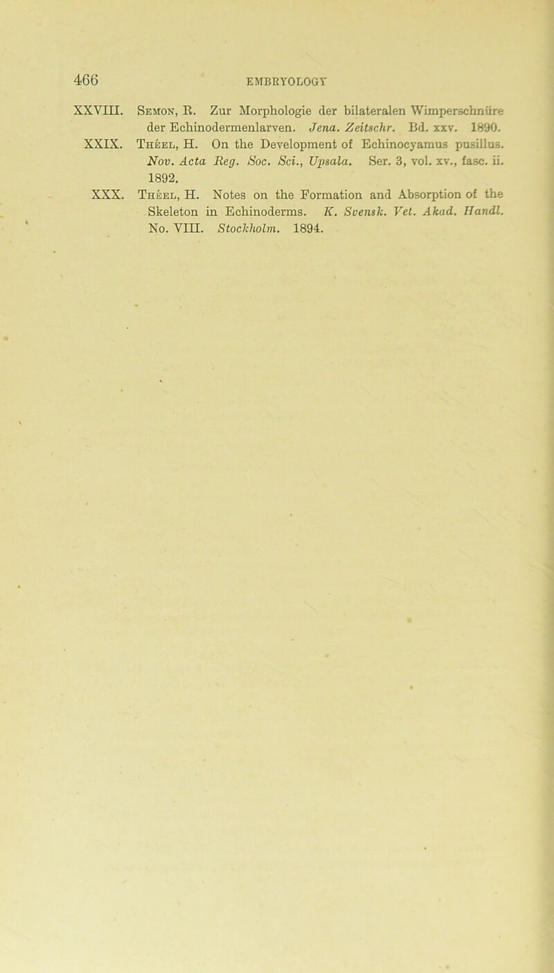 XXVIII. Semon, E. Zur Morphologie der bilateralen Wimpersehnüre der Eckinodermenlarven. Jena. Zeitschr. Bd. xxv. 1890. XXIX. Theel, H. On the Development of Echinoeyamus pusillus. Nov. Acta Reg. Soc. Sei., Ux>sala. Ser. 3, vol. xv., fase. ii. 1892. XXX. Theel, H. Notes on the Formation and Absorption of the Skeleton in Eehinoderms. K. Suenslc. Vet. Akad. Handl. No. VIII. Stockholm. 1894.