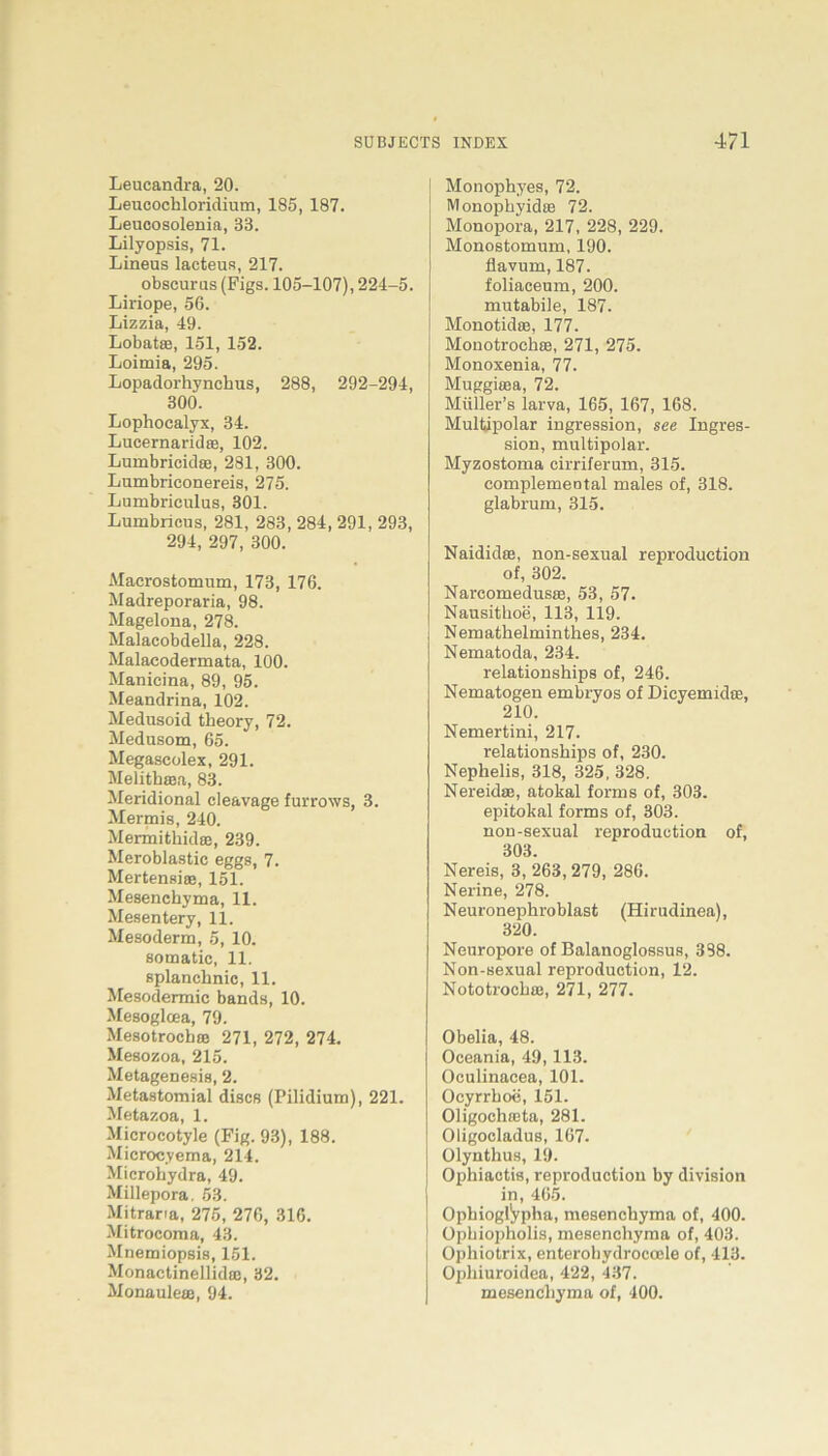 Leucandra, 20. Leueochloridium, 185, 187. Leucosolenia, 33. Lilyopsis, 71. Lineus lacteus, 217. obscurus (Figs. 105-107), 224-5. Liriope, 56. Lizzia, 49. Lobatse, 151, 152. Loimia, 295. Lopadorhynchus, 288, 292-294, 300. Lophocalyx, 34. Lucernaridffi, 102. Luinbricidffi, 281, 300. Lumbriconereis, 275. Lumbrieulus, 301. Lumbricus, 281, 283, 284, 291, 293, 294, 297, 300. Maerostomum, 173, 176. Madreporaria, 98. Magelona, 278. Malacobdella, 228. Malacodermata, 100. Manicina, 89, 95. Meandrina, 102. Medusoid theory, 72. Medusom, 65. Megascolex, 291. Melithasa, 83. Meridional eleavage furrows, 3. Mermis, 240. Mermithida:, 239. Meroblastie eggs, 7. Mertensiae, 151. Mesenchyma, 11. Mesentery, 11. Mesoderm, 5, 10. somatic, 11. splanchnic, 11. Mesodermic bands, 10. Mesoglcea, 79. Mesotrocbue 271, 272, 274. Mesozoa, 215. Metagenesis, 2. Metastomial dises (Pilidium), 221. Metazoa, 1. Microcotyle (Fig. 93), 188. Mierocyema, 214. Microhydra, 49. Millepora, 53. Mitrana, 275, 276, 316. Mitrocoma, 43. Mnemiopsis, 151. Monactinellidoe, 32. Monaulem, 94. Monophyes, 72. Monophyidte 72. Monopora, 217, 228, 229. Monostomum, 190. flavum, 187. foliaceum, 200. mutabile, 187. Monotidffi, 177. Monotrochse, 271, 275. Monoxenia, 77. Muggisea, 72. Müller’s larva, 165, 167, 168. Multipolar ingression, see Ingres- sion, multipolar. Myzostoma cirriferum, 315. complemeotal males of, 318. glabrum, 315. Naididffi, non-sexual reproduction of, 302. Narcomedusre, 53, 57. Nausithoe, 113, 119. Nemathelminthes, 234. Nematoda, 234. relationships of, 246. Nematogen embryos of Dicyemidre, 210. Nemertini, 217. relationships of, 230. Nephelis, 318, 325, 328. Nereidae, atokal forms of, 303. epitokal forms of, 303. non-sexual reproduction of, 303. Nereis, 3, 263, 279, 286. Nerine, 278. Neuronephroblast (Hirudinea), 320. Neuropore of Balanoglossus, 388. Non-sexual reproduction, 12. Nototrochte, 271, 277. Obelia, 48. Oceania, 49,113. Oculinacea, 101. Ocyrrhoe, 151. Oligochseta, 281. Oligocladus, 167. Olynthus, 19. Ophiactis, reproduction by division in, 465. Ophiogl^pha, mesenchyma of, 400. Opliiopholis, mesenchyma of, 403. Ophiotrix, enterohydroccele of, 413. Ophiuroidea, 422, 437. mesenchyma of, 400.