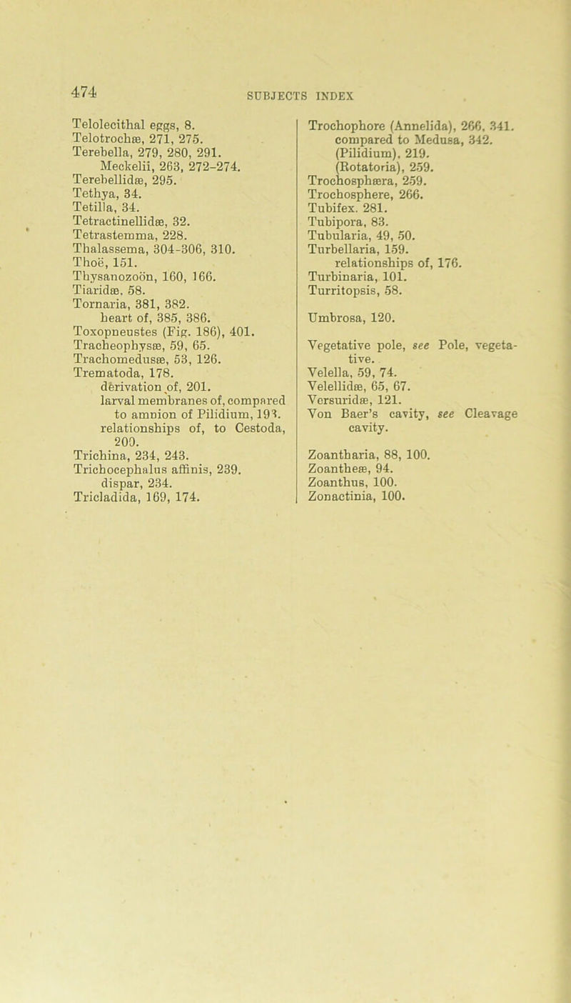 Teloleeithal eggs, 8. Telotrochre, 271, 275. Terebella, 279, 280, 291. Meckelii, 263, 272-274. Terebellidse, 295. Tethya, 34. Tetilla, 34. Tetractinellidse, 32. Tetrastemma, 228. Thalassema, 304-306, 310. Thoe, 151. Thysanozoön, 160, 166. TiaridfB. 58. Tornaria, 381, 382. hearfc of, 385, 386. Toxopneustes (Fig. 186), 401. Tracheopbys®, 59, 65. Trachomeduste, 53, 126. Trematoda, 178. derivation of, 201. larval membranes of, compared to atrmion of Pilidium, 191. relationships of, to Cestoda, 209. Trichina, 234, 243. Tricbocephalus affinis, 239. dispar, 234. Tricladida, 169, 174. Trochophore (Annelida), 266, 341. compared to Medusa, 342. (Pilidium), 219. (Rotatoria), 259. Trochosphaära, 259. Trochosphere, 266. Tubifex. 281. Tubipora, 83. Tubularia, 49, 50. Turbellaria, 159. relationships of, 176. Turbiuaria, 101. Turritopsis, 58. Umbrosa, 120. Vegetative pole, see Pole, vegeta- tive. Velella, 59, 74. Velellidee, 65, 67. Versurid®, 121. Von Baer’s cavity, see Cleavage cavity. Zoantharia, 88, 100. Zoanthese, 94. Zoanthus, 100. Zonactinia, 100.