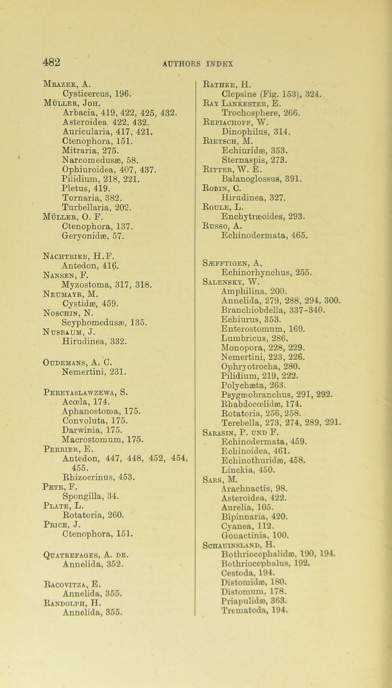 Mrazek, A. Cysticercus, 196. Mülleb, Joh. Arbacia, 419, 422, 425, 432. Asteroidea. 422, 432. Auricularia, 417, 421. Ctenophora, 151. Mitraria, 275. Narcomedusce, 58. Ophiuroidea, 407, 437. Pilidium, 218, 221. Pletus, 419. Tornaria, 382. Turbellaria, 202. Müller, 0. F. Ctenophora, 137. Geryonidas, 57. Nachtrieb, H.F. Antedon, 41(5. Nansen, F. Myzostoma, 317, 318. Neumayr, M. Cystidac, 459. Noschin, N. Scyphomedusas, 135. Nusbaum, J. Hirudinea, 332. Oudemans, A. C. Nemertini, 231. Pereyaslawzewa, S. Accela, 174. Aphanostoma, 175. Convoluta, 175. Darwinia, 175. Macrostomum, 175. Perrieb, E. Antedon, 447, 448, 452, 454, 455. Ebizocrinus, 453. Petr, F. Spongilla, 34. Plate, L. Eotatoria, 260. Pbice, J. Ctenophora, 151. Qüatrefages, A. de. Annetida, 352. Bacovitza, E. Annelida, 365. Randolph,H. Annelida, 355. Rathke,H. Clepsine (Fig. 153), 324. Ray Lankester, E. Troehosphere, 266. Repiachoff, W. Dinophilus, 314. Rietsch, M. Echiuridae, 353. Sternaspis, 273. Ritter, W. E. Balanoglossus, 391. Robin, C. Hirudinea, 327. Roule, L. Enebytrseoides, 293. Russo, A. Echinodermata, 465. SiEFFIIOEN, A, Ecliinorhynchus, 255. Salensky, W. Amphilina, 200. Annelida, 279, 288, 294, 300. Branchiobdella, 337-340. Echiurus, 353. Enterostomum, 169. Lumbricus, 286. Monopora, 228, 229. Nemertini, 223, 226. Ophryotrocha, 280. Pilidium, 219, 222. Polychaeta, 263. Psygmobranclius, 291, 292. Rbabdoccelidae, 174. Eotatoria, 256, 258. Terebella, 273, 274, 289, 291. Sarasin, P. und F. Echinodermata, 459. Echinoidea, 461. Ecbinothuridte, 458. Linckia, 450. Saks, M. Araehnactis, 98. Asteroidea, 422. Aurelia, 105. Bipinnaria, 420. Cyauea, 112. Gouactinia, 100. Schauinsland. H. Bothrioceplialidfe. 190, 194. Bothriocephalus, 192. Cestoda, 194. Distomidae, 180. Distomum, 178. Priapulidre, 363. Trematoda, 194.