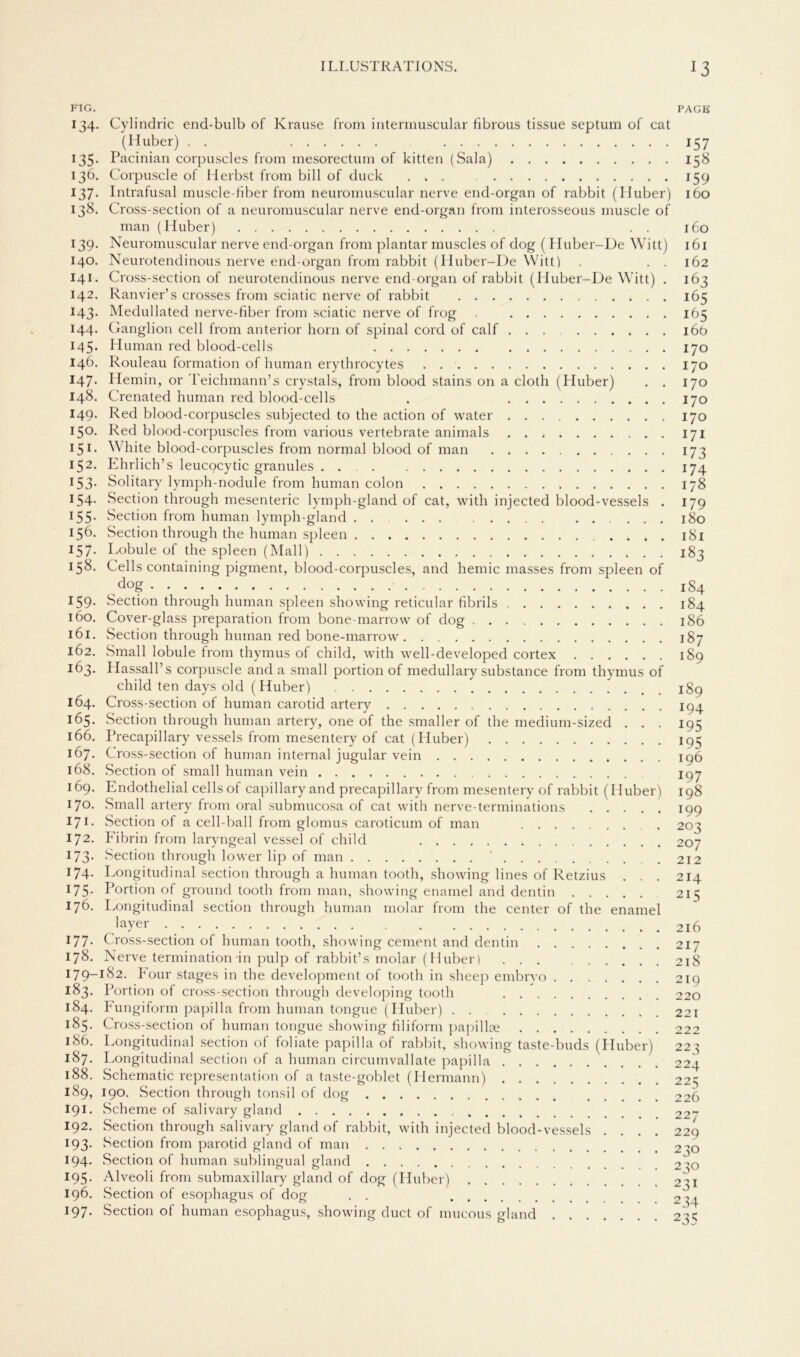 FIG. PAGB 134. Cylindric end-bulb of Krause from intermuscular fibrous tissue septum of cat (Huber) .. 157 135. Pacinian corpuscles from mesorectum of kitten (Sala) 158 136. Corpuscle of Herbst from bill of duck ... 159 137. Intrafusal muscle-fiber from neuromuscular nerve end-organ of rabbit (Huber) 160 138. Cross-section of a neuromuscular nerve end-organ from interosseous muscle of man (Huber) . . 160 139. Neuromuscular nerve end-organ from plantar muscles of dog (Huber-De Witt) 161 140. Neurotendinous nerve end-organ from rabbit (Huber-De Witt) . . . 162 141. Cross-section of neurotendinous nerve end-organ of rabbit (Huber-De Witt) . 163 142. Ranvier’s crosses from sciatic nerve of rabbit 165 143. Medullated nerve-fiber from sciatic nerve of frog 165 144. Ganglion cell from anterior horn of spinal cord of calf 16b 145. Human red blood-cells 170 146. Rouleau formation of human erythrocytes 170 147. Hemin, or Teichmann’s crystals, from blood stains on a cloth (Huber) . . 170 148. Crenated human red blood-cells . 170 149. Red blood-corpuscles subjected to the action of water 170 150. Red blood-corpuscles from various vertebrate animals 171 151- White blood-corpuscles from normal blood of man 173 152. Ehrlich’ s leucocytic granules . 174 153* Solitary lymph-nodule from human colon 178 154- Section through mesenteric lymph-gland of cat, with injected blood-vessels . 179 155. Section from human lymph-gland 180 156. Section through the human spieen 181 157. Lobule of the spieen (Mall) 183 158. Cells containing pigment, blood-corpuscles, and hemic masses from spieen of dog 1S4 159* Section through human spieen shovving reticular fibrils 184 160. Cover-glass preparation from bone-marrow of dog 186 161. Section through human red bone-marrow 187 162. Small lobule from thymus of child, with well-developed cortex 189 163. Hassall’s corpuscle and a small portion of medullary substance from thymus of child ten days old (Huber) 189 164. Cross-section of human carotid artery iq4 165. Section through human artery, one of the smaller of the medium-sized . . . 195 166. Precapillary vessels from mesentery of cat (Huber) 103 167. Cross-section of human internal jugular vein 196 168. Section of small human vein 197 169. Endothelial cells of capillary and precapillary from mesentery of rabbit (Huber) 198 170. Small artery from oral submucosa of cat with nerve-terminations 199 171- Section of a cell-ball from glomus caroticum of man . 203 172. Fibrin from laryngeal vessel of child 207 173. Section through lower lip of man ' 212 174- Longitudinal section through a human tooth, showing lines of Retzius . . . 214 175• Portion of ground tooth from man, showing enamel and dentin 215 176. Longitudinal section through human molar from the center of the enamel laYer •. 216 177* Cross-section of human tooth, showing cement and dentin 217 178. Nerve termination in pulp of rabbit’s molar (Huber) 218 179-182. Four stages in the development of tooth in sheep embrvo 219 183. Portion of cross-section through developing tooth 220 184. Fungiform papilla from human tongue (Huber) . . 221 185. Cross-section of human tongue showing filiform papillae 222 186. Longitudinal section of foliate papilla of rabbit, showing taste-buds (Huber) 22} 187. Longitudinal section of a human circumvallate papilla 224 188. Schematic representation of a taste-goblet (Hermann) 223 189. 190. Section through tonsil of dog 226 191. Scheine of salivary gland 227 192. Section through salivary gland of rabbit, with injected blood-vessels .... 22Q 193. Section from parotid gland of man 2-,o 194. Section of human sublingual gland 2^o 195. Alveoli from submaxillary gland of dog (Huber) 2”i 196. Section of esophagus of dog . . 2 34 197. Section of human esophagus, showing duct of mucous gland 233