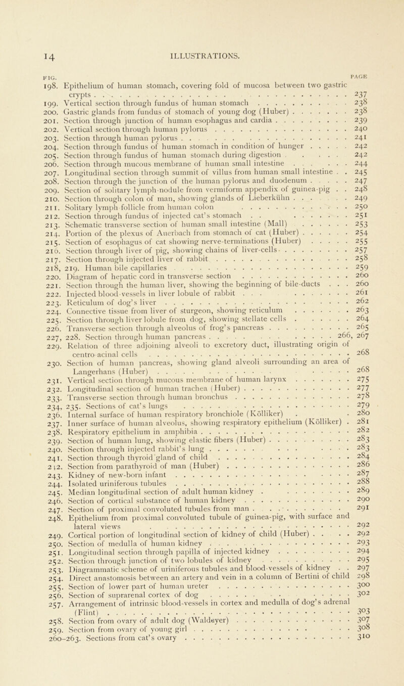 F IG. PAGE 198. Epithelium of human stomach, covering fold of mucosa betvveen two gastric crypts 237 199. Vertical section through fundus of human stomach 238 200. Gastric glands from fundus of stomach of young dog (Huber) 238 201. Section through junction of human esophagus and cardia 239 202. Vertical section through human pylorus 240 203. Section through human pylorus 241 204. Section through fundus of human stomach in condition of hunger 242 205. Section through fundus of human stomach during digestion . . ... 242 206. Section through mucous membrane of human small intestine ... ... 244 207. Longitudinal section through summit of villus from human small intestine . . 245 208. Section through the junction of the human pylorus and duodenum 247 209. Section of solitary lymph-nodule from vermiform appendix of guinea-pig . . 24S 210. Section through colon of man, showing glands of Lieberkühn ..... 249 211. Solitary lymph follicle from human colon 250 212. Section through fundus of injected cat’s stomach . . 251 213. Schematic transverse section ot human small intestine (Mall) ...... 253 214. Portion of the plexus of Auerbach from stomach of cat (Huber) 254 215. Section of esophagus of cat showing nerve-terminations (Huber) 255 216. Section through liver of pig, showing chains of liver-cells- 257 217. Section through injected liver of rabbit ... 258 218. 219. Human bile capillaries . 259 220. Diagram of hepatic cord in transverse section 260 221. Section through the human liver, showing the beginning of bile-ducts . . . 260 222. Injected blood-vessels in liver lobule of rabbit ... 261 223. Reticulum of dog’s liver 262 224. Connective tissue from liver of sturgeon, showing reticulum 263 225. Section through liver lobule from dog, showing stellate cells . 264 226. Transverse section through alveolus of frog’s pancreas 265 229. Relation of three adjoining alveoli to excretory duct, illustrating origin ot centro acinal cells 268 230. Section of human pancreas, showing gland alveoli surrounding an area of Langerhans (Huber) 268 231. Vertical section through mucous membrane of human larynx 275 232. Longitudinal section of human trachea (Huber) 277 233. Transverse section through human bronchus 278 234. 235. Sections of cat’s lungs 279 236. Internal surface of human respiratory bronchiole (Kölliker) . • 280 237. Inner surface of human alveolus, showing respiratory epithelium (Kölliker) . 281 238. Respiratory epithelium in amphibia 282 239. Section of human lung, showing elastic fibers (Huber) 283 240. Section through injected rabbit’s lung .... 283 241. Section through thyroid gland of child 284 2 \2. Section from parathyroid of man (Huber) 286 243. Kidney of new-born infant 287 244. Isolated uriniferous tubules 2S8 245. Median longitudinal section of adult human kidney . 289 246. Section of cortical substance of human kidney 290 247. Section of proximal convoluted tubules from man ...••••• 291 248. Epithelium from proximal convoluted tubule of guinea-pig, with surface and lateral views . 292 249. Cortical portion of longitudinal section of kidney of child (Huber) . . . . 292 250. Section of medulla of human kidney 293 251. Longitudinal section through papilla of injected kidney 294 252. Section through junction of two lobules of kidney 295 253. Diagrammatic scheine of uriniferous tubules and blood-vessels of kidney . . 297 254. Direct anastomosis between an artery and vein in a column of Bertini ot child 298 255. Section of lower part of human ureter 3°° 256. Section of suprarenal cortex of dog 3°2 257. Arrangement of intrinsic blood-vessels in cortex and medulla of dog’s adrenal (Flint) ... 3°3 258. Section from ovary of adult dog (Waldeyer) 3°7 259. Section from ovary of young girl ... 3°^ 260-263. Sections from cat’s ovary 310