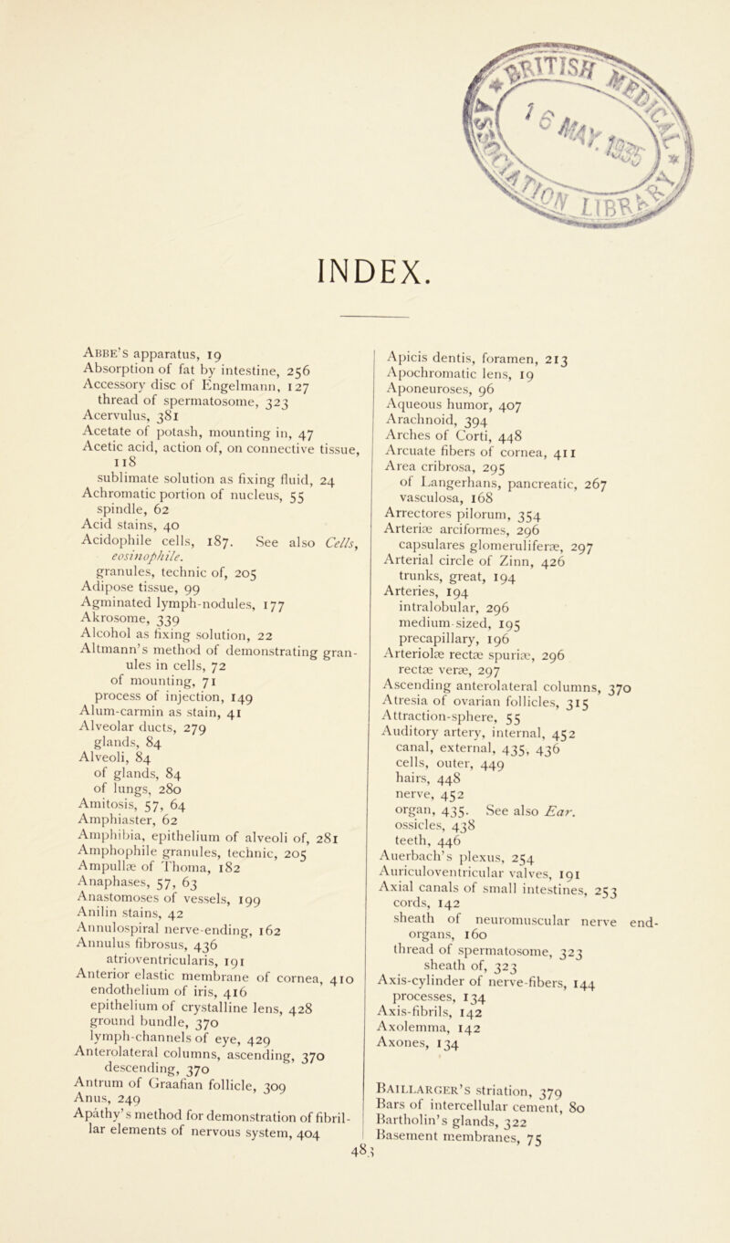 INDEX Abbe’s apparatus, 19 Absorption of fat by intestine, 256 Accessory disc of Engelmann, 127 thread of spermatosome, 323 Acervulus, 381 Acetate of potash, mounting in, 47 Acetic acid, action of, on connective tissue, 118 Sublimate solution as fixing fluid, 24 Achromatic portion of nucleus, 55 spindle, 62 Acid stains, 40 Acidophile cells, 187. See also Cells, eosinophile. granules, technic of, 205 Adipöse tissue, 99 Agminated lymph-nodules, 177 Akrosome, 339 Alcohol as flxing solution, 22 Altmann’s method of demonstrating gran- ules in cells, 72 of mounting, 71 process of injection, 149 Alum-carmin as stain, 41 Alveolar ducts, 279 glands, 84 Alveoli, 84 of glands, 84 of lungs, 280 Amitosis, 57, 64 Amphiaster, 62 Amphibia, epithelium of alveoli of, 281 Amphophile granules, technic, 205 Ampullte of Thoma, 182 Anaphases, 57, 63 Anastomoses of vessels, 199 Anilin stains, 42 Annulospiral nerve-ending, 162 Annulus fibrosus, 436 atrioventricularis, 191 Anterior elastic membrane of cornea, 410 endothelium of iris, 416 epithelium of crystalline lens, 428 ground bündle, 370 lymph-channels of eye, 429 Anterolateral columns, ascending, 370 descending, 370 Antrum of Graafian follicle, 309 Anus, 249 Apäthy’s method for demonstration of fibril- lär elements of nervous System, 404 48. Apicis dentis, foramen, 213 Apochromatic lens, 19 Aponeuroses, 96 Aqueous humor, 407 Arachnoid, 394 Arches of Corti, 448 Arcuate fibers of cornea, 411 Area cribrosa, 295 of Langerhans, pancreatic, 267 vasculosa, 168 Arrectores pilorum, 354 Arterim arciformes, 296 capsulares glomeruliferae, 297 Arterial circle of Zinn, 426 trunks, great, 194 Arteries, 194 intralobular, 296 medium-sized, 195 precapillary, 196 Arteriolm rectae spurim, 296 rectae verrn, 297 Ascending anterolateral columns, 370 Atresia of ovarian follicles, 315 Attraction-sphere, 55 Auditory artery, internal, 452 canal, external, 435, 436 cells, outer, 449 hairs, 448 nerve, 452 organ, 435. See also Ear. ossicles, 438 teeth, 446 Auerbach’s plexus, 254 Auriculoventricular valves, 191 Axial canals of small intestines, 253 cords, 142 sheath of neuromuscular nerve end- organs, 160 thread of spermatosome, 323 sheath of, 323 Axis-cylinder of nerve-fibers, 144 processes, 134 Axis-fibrils, 142 Axolemma, 142 Axones, 134 Baillarger’s striation, 379 Bars of intercellular cement, 80 Bartholin’s glands, 322 Basement membranes, 75
