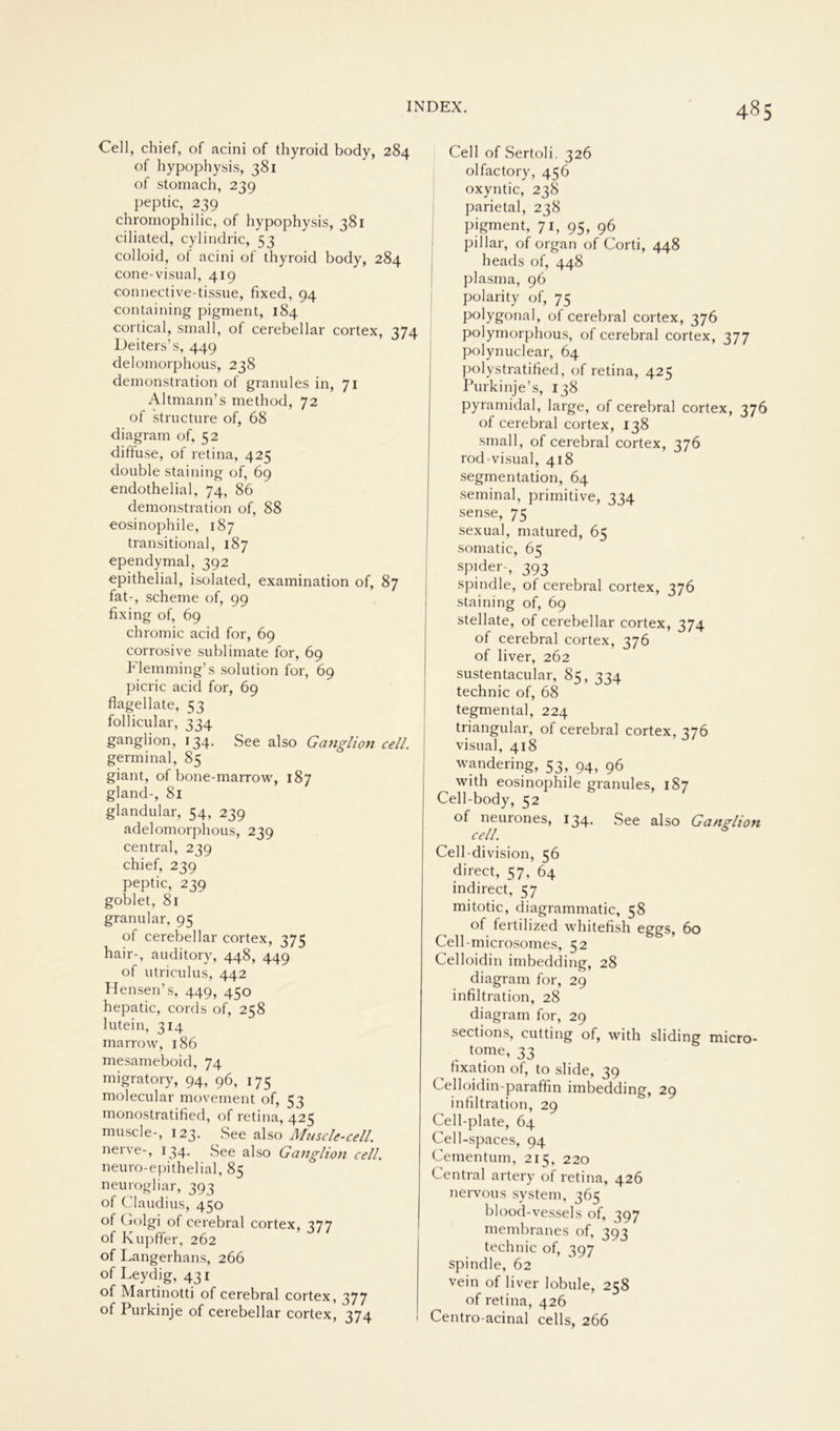Cell, chief, of acini of thyroid body, 284 of hypophysis, 381 of stomach, 239 peptic, 239 chromophilic, of hypophysis, 381 ciliated, cylindric, 53 colloid, of acini of thyroid body, 284 cone-visual, 419 ■connective-tissue, fixed, 94 containing pigment, 184 cortical, small, of cerebellar cortex, 374 Deiters’s, 449 delomorphous, 238 demonstration of granul es in, 71 Altmann’s method, 72 of structure of, 68 diagram of, 52 diffuse, of retina, 425 double staining of, 69 endothelial, 74, 86 demonstration of, 88 eosinophile, 187 transitional, 187 ependymal, 392 epithelial, isolated, examination of, 87 fat-, scheme of, 99 fixing of, 69 chromic acid for, 69 corrosive Sublimate for, 69 Flemming’s solution for, 69 picric acid for, 69 flagellate, 53 follicular, 334 ganglion, 134. See also Ganglion cell. germinal, 85 giant, of bone-marrow, 187 gland-, 81 glandulär, 54, 239 adelomorphous, 239 central, 239 chief, 239 peptic, 239 goblet, 81 granulär, 95 of cerebellar cortex, 375 hair-, auditory, 448, 449 of utriculus, 442 Hensen’s, 449, 450 hepatic, cords of, 258 lutein, 314 marrow, 186 mesameboid, 74 migratory, 94, 96, 175 molecular movement of, 53 monostratified, of retina, 425 muscle-, 123. See also Muscle-cell. nerve-, 134. See also Ganglion cell. neuro-epithelial, 85 neurogliar, 393 of Claudius, 450 of Golgi of cerebral cortex, 377 of Ivupffer, 262 of Langerhans, 266 of Leydig, 431 of Martinotti of cerebral cortex, 377 of Purkinje of cerebellar cortex, 374 Cell of Sertoli. 326 olfactory, 456 oxyntic, 238 parietal, 238 pigment, 71, 95, 96 pillar, of organ of Corti, 448 heads of, 448 plasma, 96 polarity of, 75 polygonal, of cerebral cortex, 376 polymorphous, of cerebral cortex, 377 polynuclear, 64 polystratified, of retina, 425 Purkinje’s, 138 pyramidal, large, of cerebral cortex, 376 of cerebral cortex, 138 small, of cerebral cortex, 376 rod-visual, 418 Segmentation, 64 seminal, primitive, 334 sense, 75 sexual, matured, 65 somatic, 65 spider-, 393 spindle, of cerebral cortex, 376 staining of, 69 stellate, of cerebellar cortex, 374 of cerebral cortex, 376 of liver, 262 sustentacular, 83, 334 technic of, 68 tegmental, 224 triangulär, of cerebral cortex, 376 visual, 418 wandering, 53, 94, 96 with eosinophile granules, 187 Cell-body, 52 of neurones, 134. See also Ganglion cell. Cell-division, 56 direct, 57, 64 indirect, 57 mitotic, diagrammatic, 58 of fertilized whitefish eggs, 60 Cell-microsomes, 52 Celloidin imbedding, 28 diagram for, 29 infiltration, 28 diagram for, 29 sections, cutting of, with sliding micro- tome, 33 fixation of, to slide, 39 Celloidin-paraffin imbedding, 29 infiltration, 29 Cell-plate, 64 Cell-spaces, 94 Cementum, 215, 220 Central artery of retina, 426 nervous System, 365 blood-vessels of, 397 membranes of, 393 technic of, 397 spindle, 62 vein of liver lobule, 258 of retina, 426 Centro-acinal cells, 266
