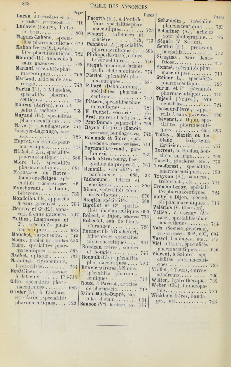 Pages Lucas, A Ingrandes-s.-Loire spécialités' pliariiiaeeutiqiies. 710 Ludovic (Henry), huiles en ]j()is.... gQ3 Magnes-Lahens. spécia- TABLE DES ANNONCES Pages Pacotte (II.), à Pont-de- Vanx, spécialités phar- maceutiques 723 Penant , cafetières et î?IJicières 772, 773 lites pharrnaceutiques 079 Pennés (J .-A.'), spécialités i)^i'es(AJ.),spécia- | pliarinaceutiques 080 ^/^^^^‘^^^'^‘■^f^cutifpies 722 PhilippefkouF Maldiné (II.), appareils à eaux gazeuse.? 798 Mariani, spécialités pliar- maceuli(]ues 703 Mariaud, articles de chi- rurgie 74.3 Martin (F.), à Allauches, spécialités pharnia - ceutiqiies 708 Maurin (Adrien), cire et pains ;'i cacheter 7ü8 Mayaud (H.), spécialités f)harinaceutiques Mayet lïaz'j _ _ , _ sso), contre le ver solitaire 710 Picqué, moulins à farines de lin et de moutarde. 774 Pierlot. spécialités phar inaceutiqiies CS7 Pillard (Deharamhure), spécialités pharma - ceutiques 710 Plateau, spéciatités phar- maceuti([ues 723 H. Pochet, verrerie 707 Prat, stores et lettres .. 800 72i I)i.armaceuîiques .... 722 Prat-Dumas. papier-filtre 7o9 ayet(l-.),handages,etc. 7i4 Raynal fils (Ad.) (Benois aZ'jyer-_'agrange, sang- successeur)bandages, etc. 742 ^20 Ramonde et Sir.ro cr>/._ Meynet, spécialités phar- macentiques 722 Michel, à Aix, spécialités [diarniaceutiques .... 080 Moire (L.), spécialité.'; pliannacetdiqties .... 081 Monacière de Notre- Dame-des-Neiges, spé- cialités iiliarmaceiitiqnes. 709 Monchovaut, Laon , hiherons 733 Mondollot fils, appareils à eaux gazeuses 793 Monroy et C« (E.), appa- reils à eaux gazeuses. 797 Mothes , Lamouroux et , spécialités phar- maceutiques 082 Mouchet, suspensoirs... 74.3 Moure, pa[iier tue-mouclies 083 Mure, s])écialités jdiar- maceutiques 084 Nachet, Of)(ique 788 Naudinat , clysojtompes, liydrocli'^es 734 Neufaline nouvelle, esst'uce à détacher 173-710 Odin, spém'alités phar - maceutitfties 083 Olivier (.).), à Châlons- snj -Ttlarne, spécialités Ramonde et Sicre, sjté- spéchdités |>liarinaceutif|iies. 71 1 Raynaud-Legrand , p;u- fuinerie 732 Reeb, i\Strasbourg, becs, goulots de propreté.. 783 Renault, spécialités et jtarfumerie 088, 33 Richomme , lettres et enseignes §00 Ricou, spécialités jthar- maceutitjues 070 Ricqlès, sjiécialités 089 Rigollot et C% spécia- liiés pharmaceutiques 090 Robert, à Dijon, biberons 730 Robertet, eau de fleurs d’oranger 720 Roche et ti Is, à Hochefort, hilierons et spécialités pliarinaceutiques 091 Rondeau frères , sondes et bougies Rouault (Ch.), spécialités fdiarmaceutiques 723 Rouvière frères, àNinies, spécialités jiharma - ceutiques 711 Roux, ;'i Parisot, articles de jiharmacie 712 743 Sainte-Marie-Dupré, caji suies d’étain 801 l'Iimnmceu'iqnes.... 722 ( Sanson (V'), bandagk,'êik 744 l*ages Schædelin , spécialités pharmaceutiques 723 Schafïher (A.), articles pour jihotographie... 734 Séguin (V. Sur un). Sentini (E.), pruneaux purgatifs 7J2 Siragusa , eaux denti- frices 724 Sommé, spécialités phar- maceutiques 713 Steiner (L.), spécialités pharmaceutiques 724 Surun et C% spécialités pharmaceutiques 713 Tajand (Veuve) , eau dentifrice Thessier-Fèvre , appa - reils à eaux gazeu.ses. 790 Thévenot, è Dijon, spé- cialités pliarmaceuti- fpies 093, 090 Tollay , Martin et Le- blanc , irfigatcurs Eguisier 73 î. Torrent, an Roulou, bou- chons en liège 799 Toselli, glacières, etc.. 773 Trasforest, spécialités pliarmaceutiipies 720 Trayvou (IL), balances , tréhuchets, etc 771 roncin-Leroy, spéciali- tés pharmaceutiques.. 724 Valby, à Dijon, spéciali- tés pharmaceutiques.. 714 Valérius (V. Chanson). Vallée , à Cernay (Al- sace), spécialités phar- maceutiques 714 Vais (Société générale), eauxmincmlps. 092, 093, 094 Vassol. liandages, etc.. 743 Viel à Tours, s[)écialités pharmaceutiques 090 Vincent, à Saintes, spé cialités ])harmaceuti- ques Viollet, à Tonrs, couver- adhéreuts 700 Walter, hydrothérapie. 732 Weber (Ch.), homœopa- tliii* Wickham frères, banda- ges, etc 723 723 743