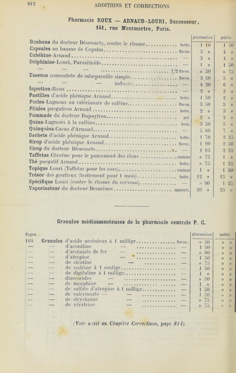 Pharmacie ROUX — ARNAUD-LOÜRI, Successeur, 141, rue Montmartre, Paris. Bonbons du docteur Désessarts, contre le rlii Cubébine-Arnaud Delphinine-Louri, Parasiticid(‘ — iodu; Injection-Roux Pastilles d’acide plic'nique Arnaud, Quinquina-Cacao d’Arnaud. Sirop d’acide pliénique Arnaud. Sirop du docteur Désessarts Spécifique Louri (contre le rliuiue du cerveau), Granules médicamenteuses de la pharmacie centrale P. G. Piiges UIS Granules d’acide arsénieux à, t millier... — — d’aconitine — — — d’arséniale de fer — — — d'atro()ine — * — — de cientine — — — de codéine ;'i 1 cenliqr — — de digitaline à 1 niilligr — — dioscorides — — — de nior|)liine — — — de snifale d’alrojiine ;'i 1 niilligr — — (le valérianale — — — — de strychnine — — — de véi’atrine — l)!iarmaei(*n iniblir 1 10 1 30 3 » 4 )> 3 » 4 )) t » t 30 » 30 » 73 3 30 3 » 4 20 G » 2 » 3 )) 1 30 2 » 3 30 3 )) 2 » 3 » 2 » 3 )) 3 30 3 » 3 GO 7 » 1 70 2 23 1 90 2 30 t G3 2 23 » 73 1 )) » 73 t 23 1 )) t 30 12 » 13 » » 90 1 23 20 » 23 » centrale P. G. pliarniacicii public » 30 )) » t 30 » » » GO )) )) t 30 ») » » 77) )) » 1 30 )) » ' 1 » » )) )) 30 )) » t » » )) 1 30 )) » 1 30 » » » 77) )> » )) 77) )) )> (Voir a issi nu Cliapiire Corrections, page 8/ f).