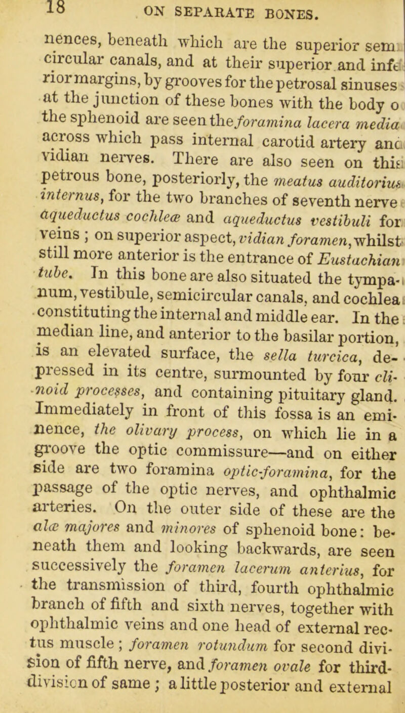 iiGnces, beneath which are the superior sem circular canals, and at their superior and info rior margins, by grooves for the petrosal sinuses at the junction of these bones with the body o the sphenoid are seen t\\eforamina lacera media across which pass internal carotid artery ano^ \idian neiwes. There are also seen on this; petrous bone, posteriorly, the meatus auditorius internus, for the two branches of seventh nerve aqueductus cochlece and aqueductus vestibuli for veins , on superior aspect, ij/cZjan/oramen, whilst still more anterior is the entrance of Eustachian tube. In this bone are also situated the tympa-i num, vestibule, semicircular canals, and cochlea constituting the internal and middle ear. In the: median line, and anterior to the basilar portion, is an elevated surface, the sella turcica,, de- ■ pressed in its centre, surmounted by four cli- ■ oioid processes, and containing pituitary gland. Immediately in front of this fossa is an emi- nence, the olivary process, on which lie in a groove the optic commissure—and on either side are two foramina optic-foramina, for the passage of the optic nerves, and ophthalmic arteries. On the outer side of these are the alai majores and miiiores of sphenoid bone: be- neath them and looking backwards, are seen successively the foramen lacerum anterius, for the transmission of thii’d, fourth ophthalmic branch of fifth and sixth neiwes, together with ophthalmic veins and one head of external rec- tus muscle ; foramen rotundum for second divi- sion of fifth nerve, foramen ovale for third- division of same ; a little posterior and external