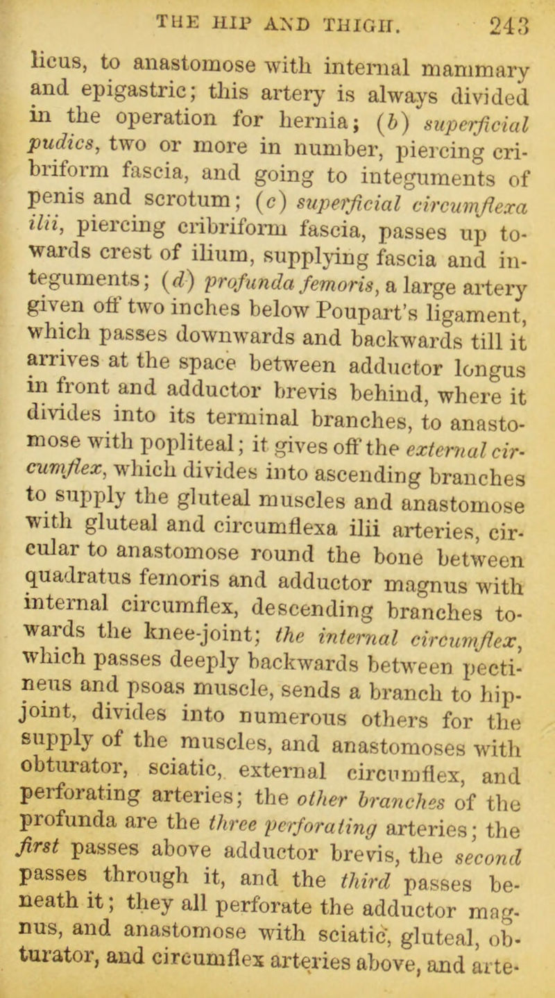 licus, to anastomose with internal mammary and epigastric; tliis artery is always divided in the operation for hernia; (6) superficial pudics, two or more in number, jiiei cing cri- briform fascia, and going to integuments of penis and scrotum; (c) superficial circumfiexa tin, piercing crihrifonu fascia, passes up to- wards crest of ilium, supplying fascia and in- teguments; (d) pro/M/ida/eTnom, a large artei'y given off two inches below Poupart’s ligament, which passes downwards and backwards till it arrives at the space between adductor longus in front and adductor brevis behind, where it divides into its terminal branches, to anasto- mose with popliteal; it gives off the external dr- cumjiex, which divides into ascending branches to supply the gluteal muscles and anastomose with gluteal and circumtlexa ilii arteries, cir- cular to anastomose round the bone between quadratus femoris and adductor magnus with internal circumflex, descending branches to- wards the knee-joint; the internal circumjlex, wdiich passes deeply backwards between pecti- neus and psoas muscle, sends a branch to hip- joint, divides into numerous others for the supply of the muscles, and anastomoses w'ith obturator, sciatic, external circumflex, and perforating arteries; the other branches of the profunda are the three perforating arteries; the first passes above adductor brevis, the second passes through it, and the third passes be- neath it; they all perforate the adductor mag- nus, and anastomose with sciatic’, gluteal, ob- tuiator, and circumflex arteries above, and arte-