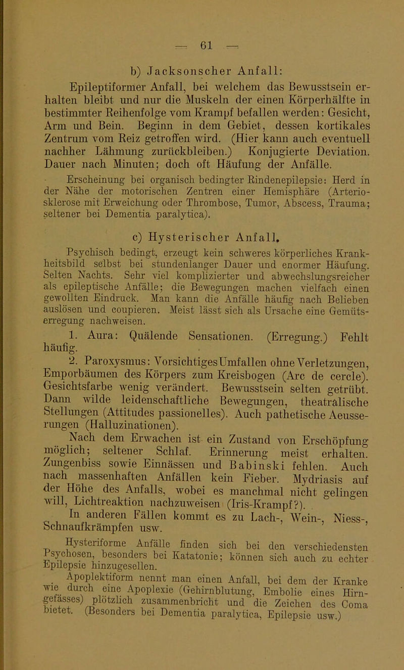 b) Jacksonsclier Anfall: Epileptiformer Anfall, bei welchem das Bewusstsein er- halten bleibt mid nur die Muskeln der einen Körperhälfte in bestimmter Reihenfolge vom Krampf befallen werden: Gesicht, Arm und Bein. Beginn in dem Gebiet, dessen kortikales Zentrum vom Reiz getroffen wird. (Hier kann auch eventuell nachher Lähmung Zurückbleiben.) Konjugierte Deviation. Dauer nach Minuten; doch oft Häufung der Anfälle. Erscheinung bei organisch bedingter Rindenepilepsie: Herd in der Nähe der motorischen Zentren einer Hemisphäre (Arterio- sklerose mit Erweichung oder Thrombose, Tumor, Abscess, Trauma; seltener bei Dementia paralytica). c) Hysterischer Anfall. Psychisch bedingt, erzeugt kein schweres körperliches Krank- heitsbild selbst bei stundenlanger Dauer und enormer Häufung. Selten Nachts. Sehr viel komplizierter und abwechslungsreicher als epileptische Anfälle; die Bewegungen machen vielfach einen gewollten Eindruck. Man kann die Anfälle häufig nach Belieben auslösen und coupieren. Meist lässt sich als Ursache eine Gemüts- erregung nachweisen. 1. Aura: Quälende Sensationen. (Erregung.) Fehlt häufig. *2. Paroxysmus: Vorsichtiges Umfallen ohne Verletzungen, Emporbäumen des Körpers zum Kreisbogen (Are de cercle). Gesichtsfarbe wenig verändert. Bewusstsein selten getrübt. Dann wilde leidenschaftliche Bewegungen, theatralische Stellungen (Attitudes passionelles). Auch pathetische Aeusse- rungen (Halluzinationen). Nach dem Erwachen ist ein Zustand von Erschöpfung möglich; seltener Schlaf. Erinnerung meist erhalten. Zungenbiss sowie Einnässen und Babinski fehlen. Auch nach massenhaften Anfällen kein Fieber. Mydriasis auf der Höhe des Anfalls, wobei es manchmal nicht gelingen will, Lichtreaktion nachzuweisen (Iris-Krampf?). In anderen Fällen kommt es zu Lach-, Wem-, Niess-, Schn auf krämpfen usw. Hysteiiforme Anfälle finden sich bei den verschiedensten sychosen, besonders bei Katatonie; können sich auch zu echter Jipnepsie hinzugesellen. Apoplektiform nennt man einen Anfall, bei dem der Kranke wie. dui'ch eine Apoplexie (Gehirnblutung, Embolie eines Hirn- gefasses) plötzlich zusammenbricht und die Zeichen des Coma bietet. (Besonders bei Dementia paralytica, Epilepsie usw.)