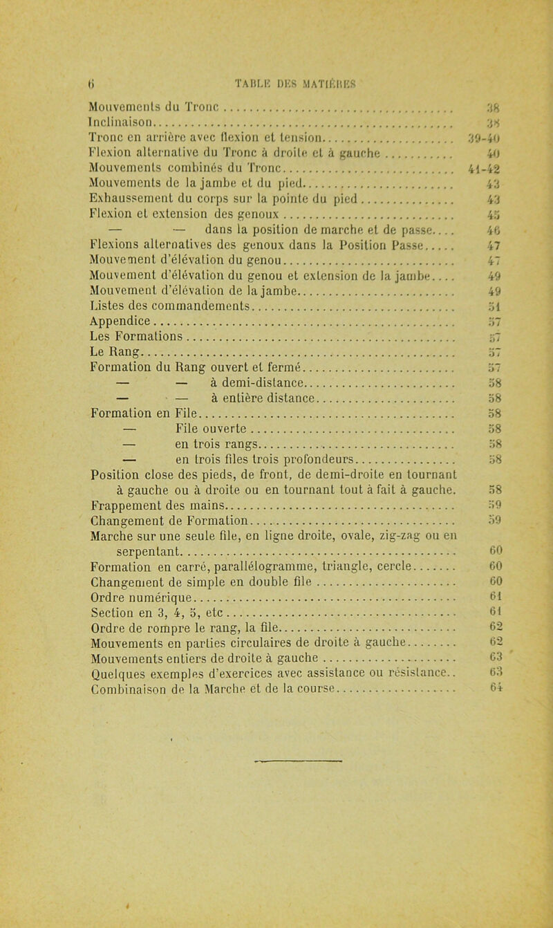 Mouvements du Tronc 38 Inclinaison 38 Tronc en arrière avec flexion et tension 39-40 Flexion alternative du Tronc à droite et à gauche 40 Mouvements combinés du Tronc 41-42 Mouvements de la jambe et du pied 43 Exhaussement du corps sur la pointe du pied 43 Flexion et extension des genoux 43 — — dans la position de marche et de passe 46 Flexions alternatives des genoux dans la Position Passe 47 Mouvement d’élévation du genou 47 Mouvement d’élévation du genou et extension de la jambe 49 Mouvement d’élévation de la jambe 49 Listes des commandements 31 Appendice 37 Les Formations ;;7 Le Rang 37 Formation du Rang ouvert et fermé 37 — — à demi-distance 38 — — à entière distance 38 Formation en File 38 — File ouverte 58 — en trois rangs 58 — en trois fdes trois profondeurs 58 Position close des pieds, de front, de demi-droite en tournant à gauche ou à droite ou en tournant tout à fait à gauche. 58 Frappement des mains Changement de Formation 59 Marche sur une seule file, en ligne droite, ovale, zig-zag ou en serpentant 60 Formation en carré, parallélogramme, triangle, cercle 60 Changement de simple en double file 60 Ordre numérique 61 Section en 3, 4, 5, etc 61 Ordre de rompre le rang, la file 62 Mouvements en parties circulaires de droite à gauche 62 Mouvements entiers de droite à gauche 63 Quelques exemples d’exercices avec assistance ou résistance.. 63 Combinaison de la Marche et de la course 64 «