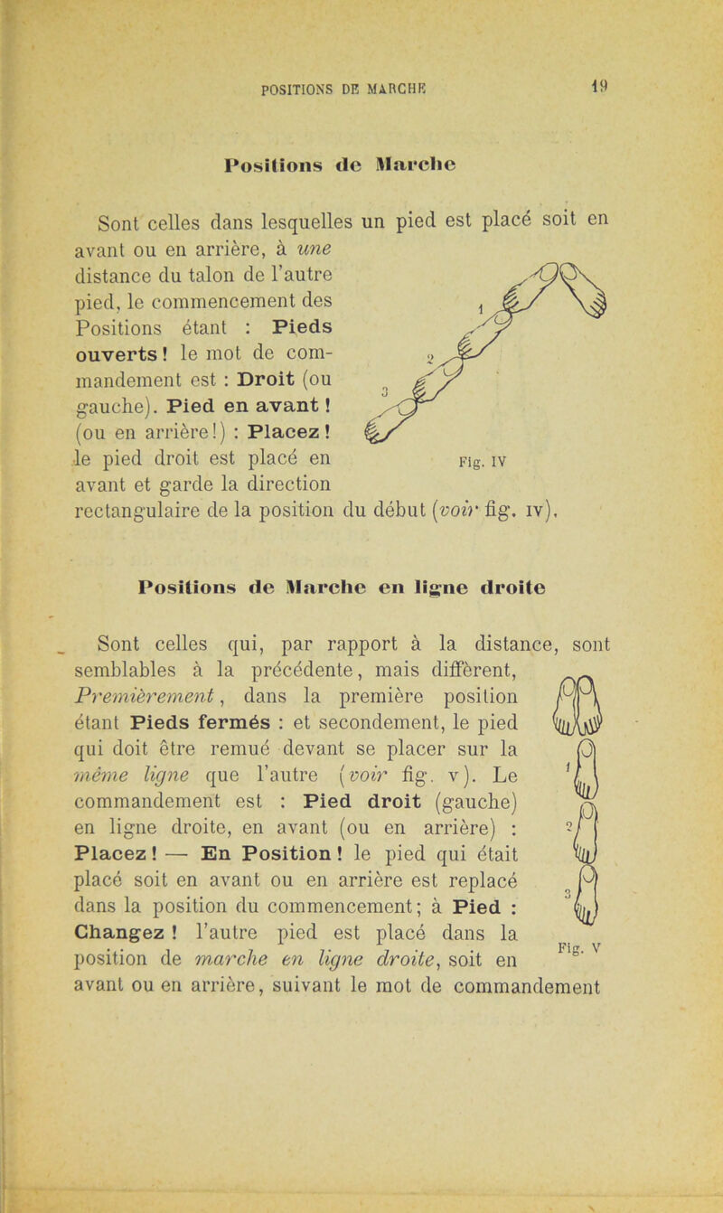 Positions de Marche Sont celles dans lesquelles un pied est placé soit en avant ou en arrière, à une distance du talon de l’autre pied, le commencement des Positions étant : Pieds ouverts ! le mot de com- mandement est : Droit (ou gauche). Pied en avant ! (ou en arrière!) : Placez! •le pied droit est placé en avant et garde la direction rectangulaire de la position du début (voir fig. iv). Positions de Marche en ligne droite Sont celles qui, par rapport à la distance, sont semblables à la précédente, mais diffèrent, Premièrement, dans la première position étant Pieds fermés : et secondement, le pied qui doit être remué devant se placer sur la même ligne que l’autre (voir fig. v). Le commandement est : Pied droit (gauche) en ligne droite, en avant (ou en arrière) : Placez ! — En Position ! le pied qui était placé soit en avant ou en arrière est replacé dans la position du commencement; à Pied : Changez ! l’autre pied est placé dans la position de marche en ligne droite, soit en avant ou en arrière, suivant le mot de commandement