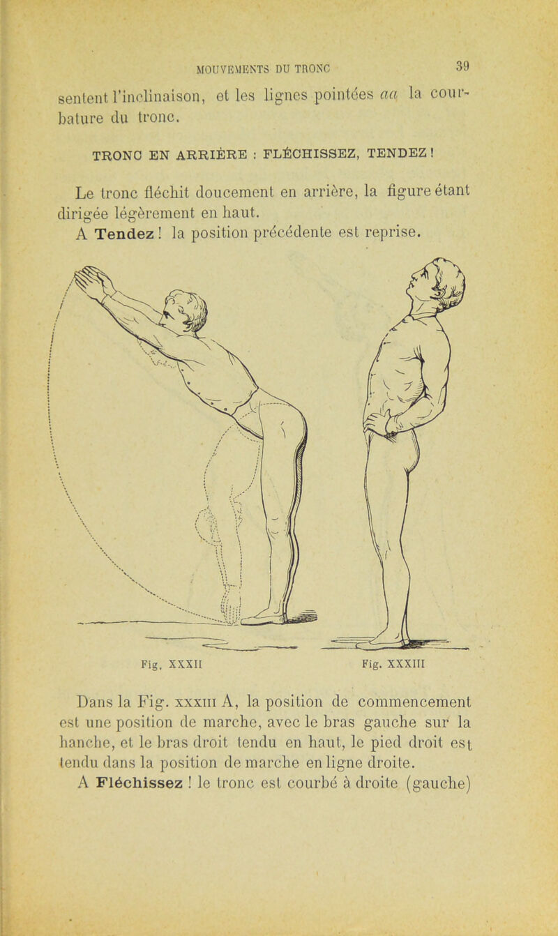 sentent l'inclinaison, elles lignes pointées aa la coui*' bature du tronc. TRONC EN ARRIÈRE : FLÉCHISSEZ, TENDEZ ! Le tronc fléchit doucement en arrière, la figure étant dirigée légèrement en haut. A Tendez ! la position précédente est reprise. Dans la Fig. xxxm A, la position de commencement est une position de marche, avec le bras gauche sur la hanche, et le bras droit tendu en haut, le pied droit est tendu dans la position de marche en ligne droite. A Fléchissez ! le tronc est courbé à droite (gauche)