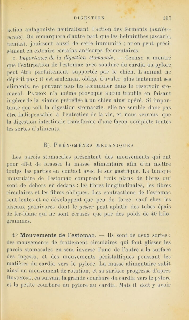 action antagoniste neutralisant raction des ferments {antifer- ments). Un remarquera d’autre part que les lielminthes (ascaris, tamias), jouissent aussi de cette immunité ; or on peut préci- sément eu extraire certains anticorps lcrmentaires. c. Importance de la digestion stomacale. — Czehxy a montré que l’extirpation de l’estomac avec soudure du cardia au pylore peut être parfaitement supportée par le chien. L’animal ne dépérit pas; il est seulement obligé d’avaler plus lentement ses aliments, ne pouvant plus les accumuler dans le réservoir sto- macal. I’achox n'a même provoqué aucun trouble en faisant ingérer de la viande putréfiée à un chien ainsi o[)éré. Si impor- tante que soit la digestion stomacale, elle ne semble donc pas être indispensable à l’entretien de la vie, et nous verrons que la digestion intestinale transforme d’une façon complète toutes les sortes d'aliments. L>). Pué X O M È X E s m é g x iç» u e s l.,es [larois stomacales présentent des mouvements qui ont [)Our elfet de brasser la masse alimentaire afin d’en mettre toutps les parties en contact avec le suc gastriiiue. La tunique musculaire de l'estomac comprend trois plans de fibres qui sont de dehors en dedans : les fibres longitudinales, les fibres circulaires et les fibres obliques. Les contractions de l’estomac sont lentes et ne développent que peu de force, sauf chez les oiseaux granivores dont le gésier peut aplatir des tubes épais de fer-blanc qui ne sont écrasés que par des poids de 40 kilo- grammes. 1*^ Mouvements de l’estomac. — Ils sont de deux sorte.s : des mouvements de frottement circulaires qui font glisser les parois stomacales en sens inverse fune de l’autre à la surface des ingesta, et des mouvements péristaltiques poussant les matières du cardia vers le pylore, l^a masse alimentaire subit ainsi un mouvement de rotation, et sa surface progresse d’après Beaumont, en suivant la grande courbure du cardia vers le pylore et la petite courbure du pylore au cardia. Mais il doit y avoir