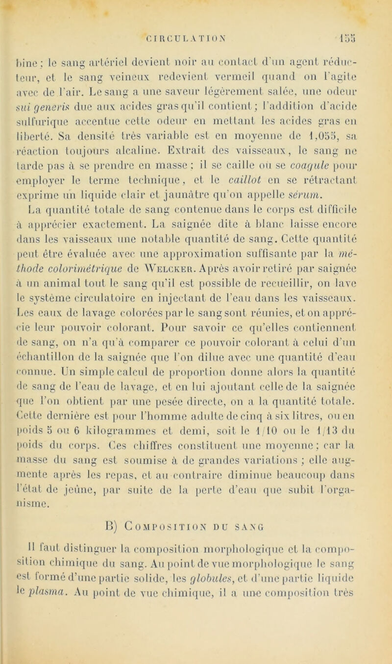 liinc ; le sang aflci-iel dcvicnl noir an coiilacL d'iiii agcuL rédiir- leiii', cl le sang veineux redevicnl venneil quand on l'agile avec de l'air. Le sang a une saveur légèrement salée, une odeur )>ui r/eneriü duc aux arides grasqii’il conlicnl; raddilion d'aride sidlurique arcenluc relie odeur en niellant les arides gi’as en liherlé. Sa densité très variable est en moyenne de 1,055, sa réaction tonjonrs alcaline. Extrait des vaisseaux, le sang ne larde pas à se prendre en masse ; il se caille on se coagule pour employer le terme technique, et le caillot en se rétractant exprime un liquide ( lair el jaunâtre qn’on aiipcllc sérum. I.a quanlilé totale de sang contenue dans le corps est difficile à apprécier exactement. La saignée dite à blanc laisse encore dans les vaisseaux une notable quantité de sang. Cette quantité peut être évaluée avec une approximation suffisante par la mc- ihocle colorimétriciuc de Welckeu. Après avoir retiré ]iar saignée à un animal tout le sang qu'il est possible de recueillir, on lave le système circulatoire en injectant de l’eau dans les vaisseaux. Les eaux de lavage colorées par le sangsont réunies, et on appré- l'ie leur pouvoir colorant. Pour savoir ce qu’elles contiennent, de sang, on n’a qu'à comj)arcr ce pouvoir colorant à celui d’un écbanlillon de la saignée que l’on dilue avec une quantité d’eau connue. Un simjdc calcul de proportion donne alors la quantité de sang de l’ean de lavage, et en lui ajoutant celle de la saignée <pie l’on obtient ]»ar une pesée directe, on a la quanlilé totale. Celle dernière est pour riiommc adidtedecinq à six litres, on en poids 5 ou 6 kilogrammes et demi, soit le 1 10 on le 1,13 du poids du cor[)s. Ces cbiirrcs consliluenl une moyenne ; car la, masse du sang est soumise à de grandes variations ; elle aug- mente après les re|)as, el an contraire diminue beaucoup dans l’étal de jeûne, par suite de la jterle d’ean (pie subit l'orga- nisme. n) Co.MPosrnoN du s.vxg Il laid distinguer la composition moiqibnlogiqne et la compo- sition chimique du sang. An point de vue morphologifjue le sang est lormé d’une partie solide, les (//oûu/c,s, et d'une [lartie liquide le lAasma. Au point de vue chimique, il a une composition très