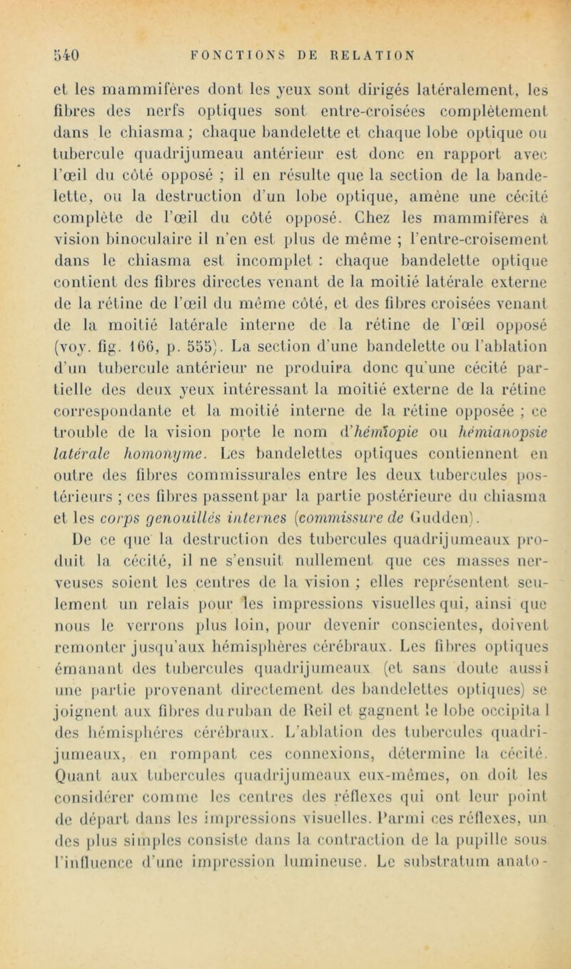 et les mammifères dont les yeux sont dirigés latéralement, les libres des nerfs optiques sont entre-croisées complètement dans le cbiasma ; chaque bandelette et chaque lobe optique ou tubercule quadrijumeau antérieur est donc en rapport avec l’œil du coté opposé ; il en résulte que la section de la bande- lette, ou la destruction d’un lobe optique, amène une cécité complète de l’œil du côté opposé. Chez les mammifères à vision binoculaire il n’en est plus de même ; l’entre-croisement dans le cbiasma est incomplet : chaque bandelette optique contient des libres directes venant de la moitié latérale externe de la rétine de l’œil du même coté, et des libres croisées venant de la moitié latérale interne de la rétine de l’œil opjjosé (voy. fig. 166, p. 555]. La section d’une bandelette ou l’ablation d’un tubercule antérieur ne produira donc qu'une cécité par- tielle des deux yeux intéressant la moitié externe de la rétine correspondante et la moitié interne de la rétine 0[)posée ; ce troul)le de la vision porte le nom d’hémiopie ou hémianopsie latérale homonyme. Les bandelettes optiques contiennent en outre des fil)res commissurales entre les deux tubercules pos- térieurs ; ces lilires passent par la partie postérieure du cbiasma et les corps genouillés internes {co7nmissure de Gudden). De ce ([ue la destruction des tubercules quadrijumeaux pro- duit la cécité, il ne s’ensuit nullement que ces masses ner- veuses soient les centres de la vision ; elles représentent seu- lement un relais pour les impressions visuelles qui, ainsi que nous le verrons plus loin, pour devenir conscientes, doivent remonter jusqu’aux hémisphères cérébraux. Les fibres optiques émanant des tubercules quadrijumeaux (et sans doute aussi une partie provenant directement des bandelettes opti(jues) se joignent aux fibres du ruban de Heil et gagnent le lobe occipital des hémisphères cérébraux. L’ablation des tubercules quadri- jumeaux, en rompant ces connexions, détermine la cécité. Quant aux tubercules quadrijumeaux eux-mêmes, on doit les considérer comme les centres des réllexes qid ont leur point de départ dans les impressions visuelles. Parmi ces réflexes, un des plus simples consiste dans la coidraction de la jmpille sous l’indueiice d’une imj)rcssion lumineuse. Le substratum anato-