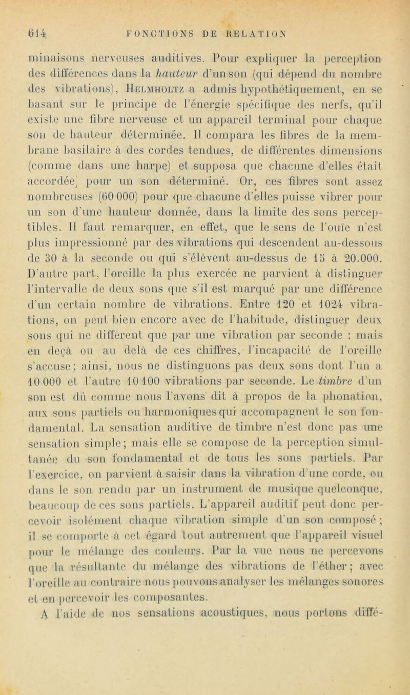 luinaisoiis nerveuses andilives. Pour expliquer la percejition des dilïereuces dans la hautear d’un sou (qui déjjend du nond)re des vil)ralions), IIelmholtz a adniis hypolhéliquenienl, eu se basanl sur le principe de l’énerj’ie spécifique des nerfs, qu’il existe une libre nerveuse et un aj)pareil terminal pour chaque son de baideur déterminée. Il compara les libres de la mem- brane basilaire à des cordes tendues, de ditl'érentes dimensions (comme dans une luirpe) et supposa que chacune d’elles était accordée^ pour un son déterminé. Or, ces fibres sont assez » nomlireuses (60 000) j)Our que chacune d’elles puisse vibrer pour un son d'une hauteur donnée, dans la limite des sons percei)- libles. Il l'aut remarquer, en effet, que le sens de l’ouïe n'est plus impressionné par des vibrations qui descendent au-dessous de 30 à la seconde ou qui s’élèvent au-dessus de lo à 20.000. D'aulre |»art, l'oreille la plus exercée ne parvient à distinguer l’intervalle de deux sons que s’il est marqué par une différence d’un certain nombre de vibrations. Phitre 120 et 1024 vibra- tions, on peut bien encore avec de l’habitude, distinguer deux sons qui ne different que par une vibration par seconde ; mais en deçà ou au delà de ces chiffres, l’incapacité tle l’oreille s’accuse; ainsi, nous ne distinguons pas deux sons dont l’un a 10 000 et l'autre 10100 vibrations par seconde, hç, timbre d'un son est dû comme nous l’avons dit à ju'opos de la pbonation. aux sons parliels ou barmoniquesqui accompagnent le son l'on- damenlal. La sensation auditive de timbre n'esl donc pas une sensation sini[)le; mais elle se compose de la perception simul- tanée dn son fondamental et de tous les sons parliels. Par rexercice, on jjarvient à saisir dans la vibration d’une corde, ou dans le son rendu ])ar un instrument de musique quelconque, beauc.oiqt de ces sons ])arliels. L’appareil auditif peut donc per- cevoir isolémeid chaque vibration sini{)le d'un son conq)Osé ; 11 -se comjMudc à cet égard toid aidrement que rappareil visuel [)our le mélange des couleurs. Par la vue nous ne percevons que la résultante du mélange des vibrations de l’éther; avec l’oreille au contraire nous pouvons analyser les mélanges sonoi'es et en percevoir les composantes. A l’aide de nos sensations acoustiques, nous portons diffé-