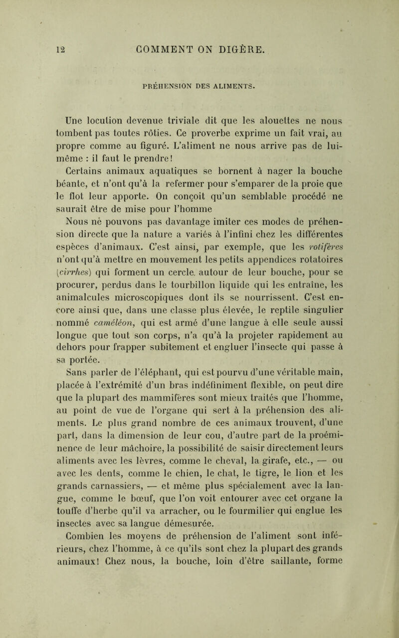 PRÉHENSION DES ALIMENTS. Une locution devenue triviale dit que les alouettes ne nous tombent pas toutes rôties. Ce proverbe exprime un fait vrai, au propre comme au figuré. L’aliment ne nous arrive pas de lui- même : il faut le prendre! Certains animaux aquatiques se bornent à nager la bouche béante, et n’ont qu’à la refermer pour s’emparer de la proie que le flot leur apporte. On conçoit qu’un semblable procédé ne saurait être de mise pour l’homme Nous né pouvons pas davantage imiter ces modes de préhen- sion directe que la nature a variés à l’infini chez les différentes espèces d’animaux. C’est ainsi, par exemple, que les rotifères n’ont qu’à mettre en mouvement les petits appendices rotatoires (■cirrhes) qui forment un cercle, autour de leur bouche, pour se procurer, perdus dans le tourbillon liquide qui les entraîne, les animalcules microscopiques dont ils se nourrissent. C’est en- core ainsi que, dans une classe plus élevée, le reptile singulier nommé caméléon, qui est armé d’une langue à elle seule aussi longue que tout son corps, n’a qu’à la projeter rapidement au dehors pour frapper subitement et engluer l’insecte qui passe à sa portée. Sans parler de l’éléphant, qui est pourvu d’une véritable main, placée à l’extrémité d’un bras indéfiniment flexible, on peut dire que la plupart des mammifères sont mieux traités que l’homme, au point de vue de l’organe qui sert à la préhension des ali- ments. Le plus grand nombre de ces animaux trouvent, d’une part, dans la dimension de leur cou, d’autre part de la proémi- nence de leur mâchoire, la possibilité de saisir directement leurs aliments avec les lèvres, comme le cheval, la girafe, etc., — ou avec les dents, comme le chien, le chat, le tigre, le lion et les grands carnassiers, — et même plus spécialement avec la lan- gue, comme le bœuf, que l’on voit entourer avec cet organe la touffe d’herbe qu’il va arracher, ou le fourmilier qui englue les insectes avec sa langue démesurée. Combien les moyens de préhension de l’aliment sont infé- rieurs, chez l’homme, à ce qu’ils sont chez la plupart des grands animaux! Chez nous, la bouche, loin d’être saillante, forme