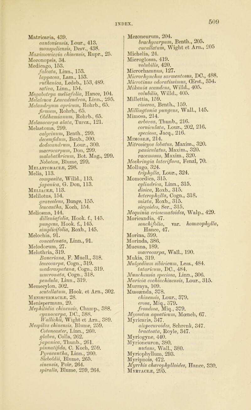 Matricaria, 439. cantoniensis. Lour., 413. monspeliensis, Desv., 438. Mciximowiczia chinensis, Rupr., 25. Meconopsis, 34. Medicago, 153. falcata, Linn., 153. lappacea, Lam., 153. ruthenica, Ledeb., 153, 489. saliva, Linn., 154. Megabotrya melieefolia, Hance, 104. Melaleuca Leucadendron, Linn., 295. Melandryum apricum, Rohrb., 65. jvrmum, Rohrb., 65. Oldhamianum, Rolirb., 65. Melanocarpa alata, Turcz., 121. Melastoma, 299. calycinum, Benth., 299. decemfidum, Boxb., 300. do decan drum, Lour., 300. macrocarpum, Bon, 299. malabathricum, Bot. Mag., 299. Nobotan, Blume, 299. MelastomacetE, 298. Melia, 113. composita, Willd., 113. japonica, Gr. Don, 113. Meliace^e, 113. Melilotus, 154. graveolens, Bunge, 155. leucantha, Koch, 154. Meliosma, 144. dillenieefolia, Hook, f., 145. pungens, Hook, f., 145. simplicifolia, Roxb., 145. Melochia, 91. concatenata, Linn., 91. Melodorum, 27. Melothria, 319. Baueriana, F. Muell., 318. leucocarpa, Cogn., 319. maderaspatana, Cogn., 319. mucronata, Cogn., 318. pendula, Linn., 319. Memecylon, 302. scutellatum, Hook, et Arn., 302. MENISrERMACEiE, 28. Menispermum, 29. Mepkitidia chinensis, Champ., 388. cyanocarpa, DC., 388. Wallichii, Wight et Arn., 389. Mespilus chinensis, Blume, 259. Cotoneaster, Linn., 260. glabra, Coll a, 262. japonica, Thunb., 261. pinnatifida, C. Koch, 259. Pyracantha, Linn., 260. Sieboldii, Blume, 265. sinensis, Poir, 264. spiralis, Blume, 259, 264. Mezoneurum, 204. brachycarpum, Benth., 205. cucullatum, Wight et Arn., 205 Michelia, 24. Microglossa, 419. volubilis, 420. Microrhamnus, 127. Microrhynchus sarmentosus, DC., 488. Microtinus odoratissimus, (Erst., 354. Mikania scandens, Willd., 405. volubilis, Willd., 405. Millettia, 159. cinerea, Benth., 159. Millingtonia pungens, Wall., 145. Mimosa, 214. arborea, Thunb., 216. corniculata, Lour., 202, 216. speciosa, Jacq., 216. Mimose^e, 214. Mitrosicyos lobatus, Maxim., 320. panicidatus, Maxim., 320. racemosus, Maxim., 320. Moehringia lateriflora, Fenzl, 70. Mollugo, 324. triphylla, Lour., 324. Momordica, 315. cylindrica, Linn., 315. dioica, Roxb., 315. heterophylla, Cogn., 318. mixta, Roxb., 315. sicyoides, Ser., 315. Moquinia eriosematoides, Walp., 429. Moricandia, 47. sonchifolia, var. homceophyllci, Hance, 47. Morina, 399. Morinda, 386. Mucuna, 189. macrocarpa, Wall., 190. Mukia, 319. Mulgedium sibiricum, Less., 484. tataricum, DC., 484. Munchausia speciosa, Linn., 306. Muricia cochmchinensis, Lour., 315. Murraya, 109. Mussaenda, 378. chinensis, Lour., 379. erosa, Miq., 379. frondosa, Miq., 379. Myosoton aquaticum, Mcencb, 67. Myricaria, 347. aiopccuroides, Schrenk, 347. bracteata, Royle, 347. Myriogyne, 440. Myrioneuron, 380. nutans, Wall., 380. Myriophyllum, 293. Myripnois, 472. Myrrhis cheerophylloides, Hance, 330. MYRTACEiE, 295.