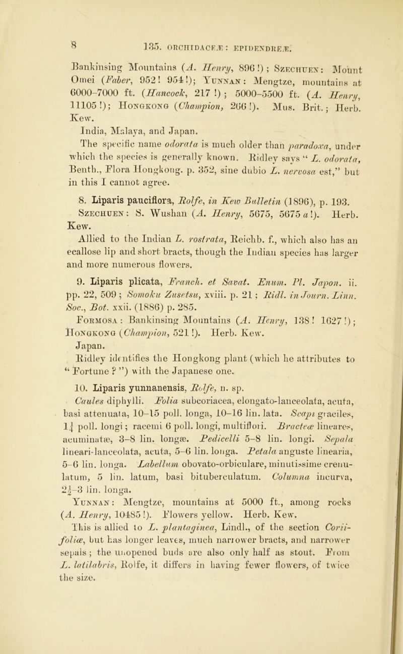 ]85. ot?ctttdacf:-T% : eptdexdke.t^. Ennlvinsing Mountains (A. IFemy, 89G !); Szechfex: IMoiint Omei {Faher, 952! 954)1); Yuxxan : Mengtze, mountains at 6000-7000 ft. {Hancock^ 217 !) ; 5000-5500 ft. {A. llenrif^ 11105!); Hoxgkoxg 266!). Mus. Brit.; Herb. Ivew. India, Malaya, and Japan. The specihc name odorata is much older than paradoxa, under ’U’hich the species is generally known. Kidlei^ says “ L. odoraia. Benth., Blora Hongkong, p. 652, sine dubio Z. nervosa est,” but in this I cannot agree. 8. Liparis pauciflora, Bolfe, in Keio Balletin (1896), p. 193. Szechuex: 8. Wushan {A. Henri/, 5675, 5675 a!). Herb. Kew. Allied to the Indian L. rosirata, Eeichb. f., which also has an ecallose lip and short bracts, though the Indian species has larger and more numerous flowers. 9. Liparis plicata, Franch. et Savat. Enum. PL Japon. ii. pp. 22, 509 ; Bomoku Zusetsu, xviii. p. 21; liidl. inJourn. Linn. Soc., Bot. xxii. (1886) p. 285. Foemosa : Bankinsing Mountains {A. Henry, 138! 1627!); IIoNGKOXG {Champion, 521 !). Herb. Kew. Japan. Bidley idfiitifies the Hongkong plant (which he attributes to “ Fortune ? ”) \Nith the Japanese one. 10. Liparis yimnanensis, Bolfe, n. sp. Caules diphylli. Folia subcoriacea, elongato-lanceolata, acuta, basi attenuata, 10-15 poll, longa, 10-16 lin.lata. giaciles, 1^ poll, long!; racemi 6 poll, longi, multifloi i. Bracte<je liueares, acuminatso, 3-8 lin. longse. Fedicelli 5-8 lin. longi. Sepala lineari-lanceolata, acuta, 5-6 lin. longa. auguste lineaila, 5-6 lin. longa. Lahelluni obovato-orbiculare, minutissime crenu- bitum, 5 lin. latum, basi bituberculatum. Columna incurva, 2-K3 lin. longa. Yujsxan : Mengtze, mountains at 5000 ft., among rocks {A. Henry, 104<85 !). Flowers yellow. Herb. Kew. This is allied to Z. plantayinea, Lindl., of the section Corii- folice, but has longer leaves, much narrower bracts, and narrower sepals ; the uiiopened buds are also only half as stout. From Z. latilahris, Kolfe, it differs in having fewer flowers, of twice the size.