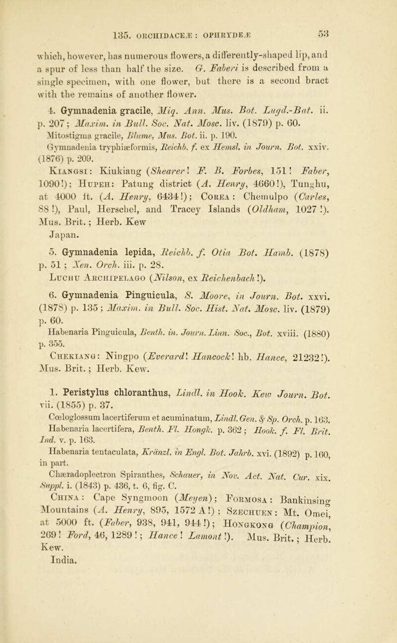 which, however, has numerous ilowers, a ditiereiitly-shape J lip, and a spur of less than half the size. G-. Faheri is described from a single specimen, wdth one flower, but there is a second bract with the remains of another flower. 4. Gymnadenia gracile, JMiq. Ann, Mus. Bot. Lugd.-Baf. ii. p. 207; Maxim, in Bull. Soc. Nat. Mosc. liv. (1870) p. GO. Mitostigma gracile, Bhane, Mus. Bot. ii. p. 190. Gymnadenia trvphiaeformis, Beichb. f. ex Hemsl. in Journ. Bot. xxiv. (1876) p. 209. Kiangsi: Kiukiaug {Shearer I F. B. Forbes., 1511 Faber, 1090!); Hupeh: Patnng district {A. Henry, 4660!), Tuiighu, at 4000 It. (A. Henry, 6434!); Corea: Chemulpo {Carles, 88 !), Paul, Herschel, and Tracey Islands {Oldham, 1027 !). Mus. Brit.; Herb. Kew Japan. 5. Gymnadenia lepida, Beichb. f. Otia Bot. Hamb. (1878) p. 51 ; Xen. Orch. iii. p. 28. Luchu Archipelago {Nilson, qx Beiclienbach\). 6. Gymnadenia Pinguicnla, S. Moore, in Journ. Bot. xxvi. (1878) p. 135; Maxim, in Bull. Soc. Hist. Nat. Mosc. liv. (1879) ]). 60. Habenaria Pinguicnla, Bentli. in. Journ. Linn. Soc., Bot. xviii. (1880) ]). 355. Chekiatig: Ningpo {Fverard\ Hancockl hb. Hance, 21232!). i\[us. Brit. ; Herb. Kew. 1. Peristylus chloranthns, Lindl. in Hook. Kew Journ. Bot. vii. (1855) p. 37. Coeloglossum lacertiferum et acuminatum, Lindl. Gen. ^ Sp. Orch. p, 163. Habenaria lacertifera, Benth. FI. ILongk. p. 362 ; Llook. f. FI. Brit, hid. V. p. 163. Habenaria teutaculata, Krlinxl. in Engl. Bot. Jalirh. xvi. (1892) p. 160, in part. Chaeradoplectron Spiranthes, Schauer, in Nov. Act. Nat. Cur. vix Sujypl. i. (1843) p. 436, t. 6, flg. C. Cuina: Cape Syngmoon {Meyen); Fokmosa : Bankiusing Mountains (A. Henry, 895, 1572 A!) ; Szechuejt: Mt. OaieF at 5000 ft. {Faher, 938, 911, 914 !); Hoxukong (Champioi, 2G9! 46, 1289 !; Hance \ Lmnoiitl). Mus. Brit. • Herb' Kew. India.