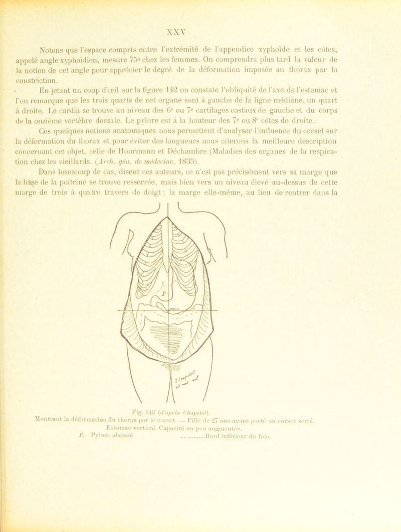 Notons que 1'espaee compris entre l'extrémité de 1’appendice xypholde et les coles, appelé angle xyphoidien, mesure 75°chez les femmes. On comprendra plus tard la valeur de la notion de cet angle pour apprécier le degré de la déformation imposée au thorax par la constriction. En jetant un coup d’ceil sur la figure 142 on constate 1’obliquité de l’axe de 1’estomae et l’on remarque que les trois quarts de cet organe sont å gauche de la ligne médiane, un quart å droite. Le cardia se trouve au niveau des 6 ou 7e cartilages costauxde gauche et du corps de la onziéme vertébre dorsale. Le pvlore est å la hauteur des 7e ou 8e cötes de droite. Ces quelques notions anatomiques nous permettent d analyser 1’influence du corset sur la déformation du thorax et pouréviter des longueurs nous cilerons la meilleure description concernant cet objet, celle de Hourmann et Déchambre (Maladies des organes de la respira- tion chez les vieillards. (Anh. gén. de médecine, 1835). Dans beaucoup de cas, disent ces auteurs, ce n’est pas précisément vers sa marge que la bdge de la poitrine se trouve resserrée, mais bien vers un niveau élevé au-dessus de cette marge de trois å quatre travers de doigt; la marge elle-méme, au lieu de rentrer dans la Fig. 14a (itlipres Cliapotot). Montrant la déformation du thorax par le corset. — Filli1 de 21 ans ayant porfcé un corset serré. Estomac vertical. Oapacité un peu augmentée. P. Pylore ahaissé Bord inférieur du foie.