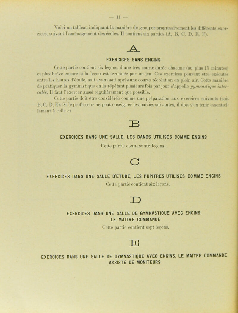 Yoiei un tableau indiquant la maniéro do groujtcr progrosKivoment les diförento exer- ciees, suivant l’anténagement des écoles. Il contient six parties (A, B, C, I), K, F). _A_ EXERCICES SANS ENGINS Cette partie contient six lejons, d’une tres courte durdo chacunc (au plus lä ra inuti-s) et plus breve eneore si la k\'on est terniinée par un jeu. Ces exereices peuvent étre exdcutés entre les heures d’étude, soit avant soit apres une courte rdcrdation en plcin air. Cette manien- de pratiquer la gyinnastique en la répétant plusieurs fois par jour s’appelle gymnwäique inter- culée. 0 taut 1’exercer aussi rdguliérement que possiblc. Cette partie doit étre considdrée comme une préparation aux exereices suivants (soit B, C, B. E). Si le professeur ne peut enseigner l«;s parties suivantes, il doit sYn tenir essentiej- lement k celle-ei DB EXERCICES DANS UNE SALLE, LES BANCS UTILISÉS COMME ENGINS Cette partie contient six lejons. C EXERCICES DANS UNE SALLE DETUDE, LES PUPITRES UTILISÉS COMME ENGINS Cette partie contient six lejons. ID EXERCICES DANS UNE SALLE DE GYMNASTIQUE AVEC ENGINS. LE MAITRE COMMANDE Cette partie contient sept lejons. IE EXERCICES DANS UNE SALLE DE GYMNASTIQUE AVEC ENGINS, LE MAITRE COMMANDE ASSISTÉ DE MONITEURS