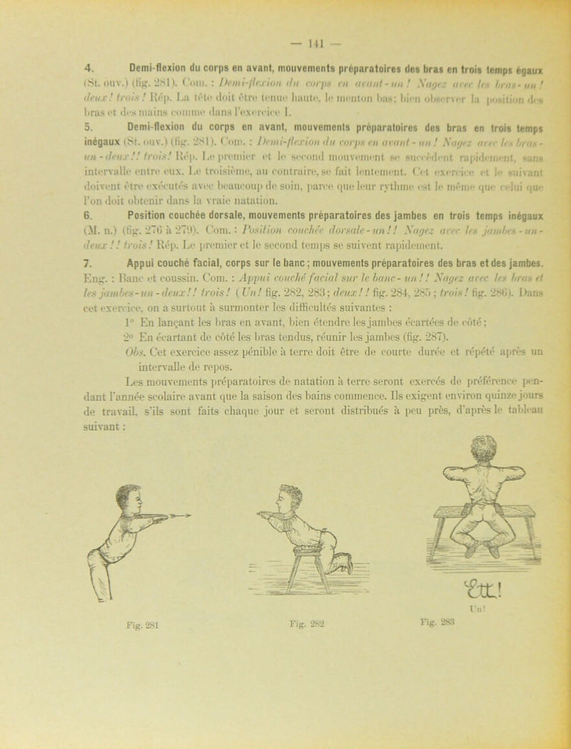 4. Demi-flexion du corps en avanl, mouvements préparatoires deg bras en trois temps égaux (St. ouv.) (Hy. 281). Coin. : Demi-flexion du corps en umnt-un! Xagtz urrr hs brun-un! deux! trois! Rép. La tete iloit étre tenue haute, le menton Las; bien olmerver la pobitiun il< s braset desmains comme dans roxereiee I. 5. Demi-flexion du corps en avant, mouvemenls préparatoires des bras en trois temps inégaux (St. ouv.) (tig. 281). ('om. : Demi-flexion du corps cn a runt - un ! Xagez rim- /« hras - un -deux!! trois! Köp. Le premier et le secoml nmuvenient se sueeedent rnpidement. sans intervalle entro oux. Le troisiemo, nu contraire,se fait lentement. ( Vt exerriee et le suivant doivent étre exécutés avee bcaucoup de soin, paree quoleur rythme est le mC-me (pje celuj que l’on doit obtenir dans la vraie natation. 6. Position couchée dorsale, mouvements préparatoires des jambes en trois temps inégaux (ii. n.) (fig. 276 ii 279). Coni.: Position couchée dorsale-un!! Xagez arrc hs janihs - nn- deux!! trois ! Rép. Le premier et 1c second temps se suivent rapideuicnt. 7. Appui couché facial, corps sur le banc; mouvements préparatoires des bras et des jambes. Eng. : Bane et eoussin. Com. : Appui couché facial sur le hane- un! ! Xugez arer ler hras et hs jambes-un-deux!! trois! (Un! lig. 282, 283; deux!! fig.284, 285; trois! tig. 286). Dans cet exereice, on a surtout ii surmonter les diffieultés suivantes : 1° En lanrant les bras en avant, bien étendre les jambes éeartées de eöté: 2 En éeartant de cöté les bras tendus, réunir les jambes (lig. 287). Obs. Cet exercice assez pénible ii terre doit étre de oourte durée et répété apres un intervalle de repos. Les mouvements préparatoires de natation ä terre seront exercés do préférence pon- dant 1'année scolaire avant que la saison des bains commence. Ils exigent environ quinze jours de travail. s'ils sont faits ehaque jour et seront distribués ii peu prés, d’aprés le tableau suivant: