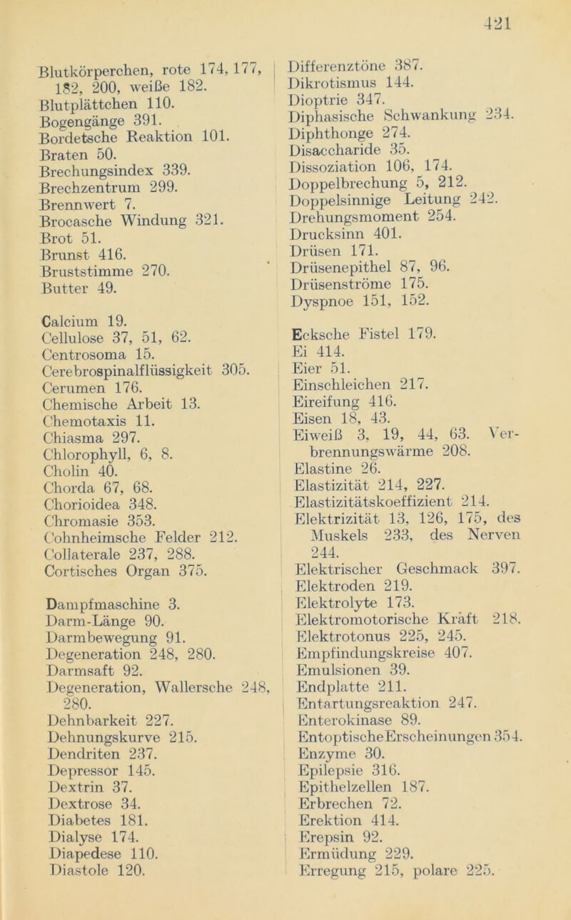 Blutkörperchen, rote 174, 177, 182, 200, weiße 182. Blutplättchen 110. Bogengänge 391. Bordetsche Reaktion 101. Braten 50. Brechungsindex 339. Brechzentrum 299. Brennwert 7. Brocasche Windung 321. Brot 51. Brunst 416. Bruststimme 270. Butter 49. Calcium 19. Cellulose 37, 51, 62. Centrosoma 15. Cerebrospinalflüssigkeit 305. Cerumen 176. Chemische Arbeit 13. Chemotaxis 11. Chiasma 297. Chlorophyll, 6, 8. Cholin 40. Chorda 67, 68. Chorioidea 348. Chromasie 353. Cohnheimsche Felder 212. Collaterale 237, 288. Cortisches Organ 375. Dampfmaschine 3. Darm-Länge 90. Darmbewegung 91. Degeneration 248, 280. Darmsaft 92. Degeneration, Wallersche 248, 280. Dehnbarkeit 227. Dehnungskurve 215. Dendriten 237. Depressor 145. Dextrin 37. Dextrose 34. Diabetes 181. Dialyse 174. Diapedese 110. Diastole 120. Differenztöne 387. Dikrotismus 144. Dioptrie 347. Diphasische Schwankung 234. Diphthonge 274. Disaccharide 35. Dissoziation 106, 174. Doppelbrechung 5, 212. Doppelsinnige Leitung 242. Drehungsmoment 254. Drucksinn 401. Drüsen 171. Drüsenepithel 87, 96. Drüsenströme 175. Dyspnoe 151, 152. Ecksche Fistel 179. Ei 414. Eier 51. Einschleichen 217. Eireifung 416. Eisen 18, 43. Eiweiß 3, 19, 44, 63. Ver- brennungswärme 208. Elastine 26. Elastizität 214, 227. Elastizitätskoeffizient 214. Elektrizität 13, 126, 175, des Muskels 233, des Nerven 244. Elektrischer Geschmack 397. Elektroden 219. Elektrolyte 173. Elektromotorische Kraft 218. Elektrotonus 225, 245. Empfindungskreise 407. Emulsionen 39. Endplatte 211. Entartungsreaktion 247. Enterokinase 89. EntoptischeErscheinungen 354. Enzyme 30. Epilepsie 316. Epithelzellen 187. Erbrechen 72. Erektion 414. Erepsin 92. Ermüdung 229. Erregung 215, polare 225.