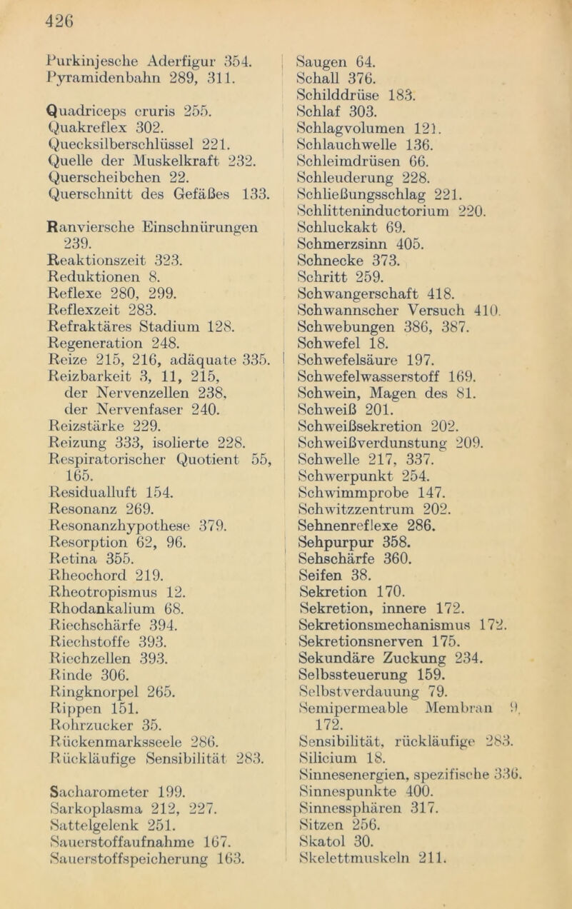 Purkinjesche Aderfigur 354. Pyramidenbahn 289, 311. Quadriceps cruris 255. Quakreflex 302. Quecksilberschlüssel 221. Quelle der Muskelkraft 232. Querscheibchen 22. Querschnitt des Gefäßes 133. Ranviersche Einschnürungen 239. Reaktionszeit 323. Reduktionen 8. Reflexe 280, 299. Reflexzeit 283. Refraktäres Stadium 128. Regeneration 248. Reize 215, 216, adäquate 335. Reizbarkeit 3, 11, 215, der Nervenzellen 238, der Nervenfaser 240. Reizstärke 229. Reizung 333, isolierte 228. Respiratorischer Quotient 55, 165. Residualluft 154. Resonanz 269. Resonanzhypothese 379. Resorption 62, 96. Retina 355. Rheochord 219. Rheotropismus 12. Rhodankalium 68. Riechschärfe 394. Riechstoffe 393. Riechzellen 393. Rinde 306. Ringknorpel 265. Rippen 151. Rohrzucker 35. Rückenmarksseele 286. Rückläufige Sensibilität 283. Sacharometer 199. Sarkoplasma 212, 227. Sattelgelenk 251. Sauerstoffaufnahme 167. Sauerstoffspeicherung 163. Saugen 64. Schah 376. Schilddrüse 183. Schlaf 303. Schlagvolumen 121. Schlauchwelle 136. Schleimdrüsen 66. Schleuderung 228. Schließungsschlag 221. Sclilitteninductorium 220. Schluckakt 69. Schmerzsinn 405. Schnecke 373. Schritt 259. Schwangerschaft 418. Schwannscher Versuch 410. Schwebungen 386, 387. Schwefel 18. I Schwefelsäure 197. Schwefelwasserstoff 169. Schwein, Magen des 81. Schweiß 201. Schweißsekretion 202. Schweißverdunstung 209. Schwelle 217, 337. Schwerpunkt 254. Schwimmprobe 147. Schwitzzentrum 202. Sehnenreflexe 286. Sehpurpur 358. Sehschärfe 360. Seifen 38. Sekretion 170. Sekretion, innere 172. Sekretionsmechanismus 172. Sekretionsnerven 175. Sekundäre Zuckung 234. Selbssteuerung 159. Selbstverdauung 79. Semipermeable Membran 9. 172. Sensibilität, rückläufige 283. Silicium 18. Sinnesenergien, spezifische 336. Sinnespunkte 400. Sinnessphären 317. Sitzen 256. Skatol 30. Skelettmuskeln 211.