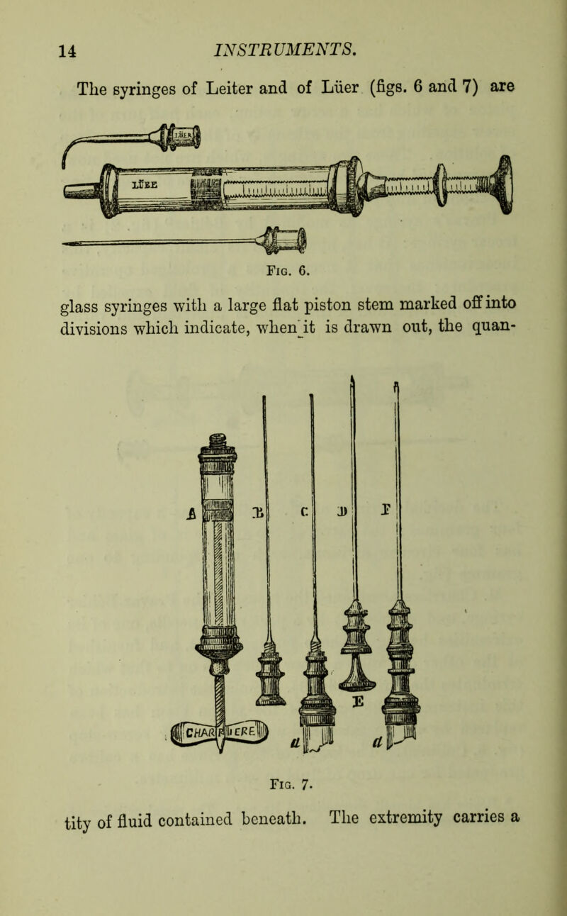 The syringes of Leiter and of Lüer (figs. 6 and 7) are glass syringes with a large flat piston stem marked off into divisions which indicate, whenTt is drawn out, the quan- Fia. 7. tity of fluid contained beneath. The extremity carries a