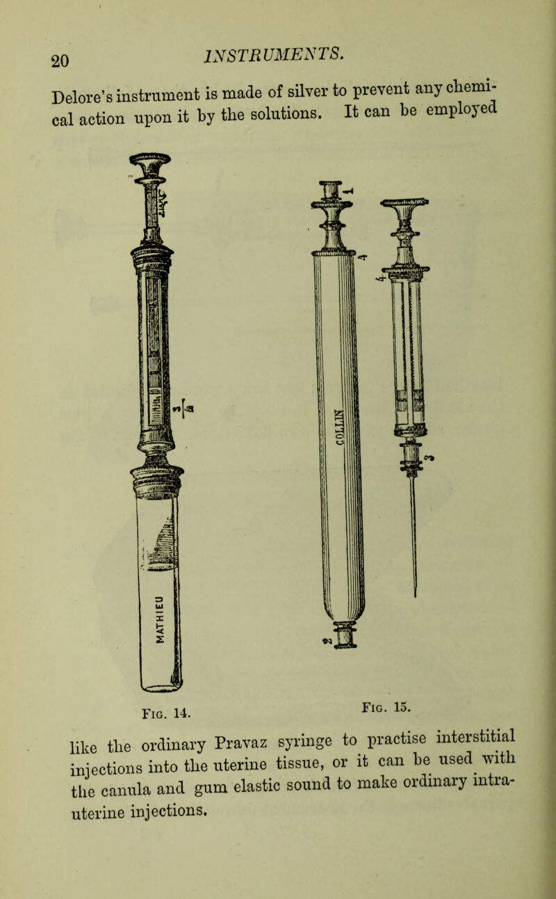 Delore’s instrument is made of silver to prevent any chemi- cal action upon it by the solutions. It can he employed like the ordinary Pravaz syringe to practise interstitial injections into the uterine tissue, or it can be used with the canula and gum elastic sound to make ordinary mtra- uterine injections.