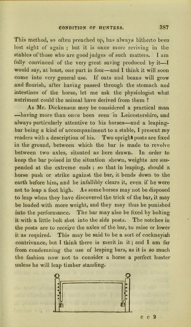 This method, so often preached up, has always hitherto been lost sight of again ; but it is once more reviving in the stables of those who are good judges of such matters. I am fully convinced of the very great saving produced by it—I would say, at least, one part in four—and I think it will soon come into very general use. If oats and beans will grow and flourish, after liaving passed through the stomach and intestines of the horse, let me ask the physiologist what nutriment could the animal have derived from them ? As Mr. Dickenson may be considered a practical man —having more than once been seen in Leicestershire, and always particularly attentive to his horses—and a leaping- bar being a kind of accompaniment to a stable, I present my readers with a description of his. Two upright posts are fixed in the ground, between which the bar is made to revolve between two axles, situated as here drawn. In order to keep the bar poised in the situation shewn, weights are sus- pended at the extreme ends ; so that in leaping, should a horse push or strike against the bar, it bends down to the earth before him, and he infallibly clears it, even if he were not to leap a foot high. As some horses may not be disposed to leap when they have discovered the trick of the bar, it may be loaded with more weight, and they may thus be punished into the performance. The bar may also be fixed by bolting it with a little bolt shot into the side posts. The notches in the posts are to receive the axles of the bar, to raise or lower it as required. This may be said to be a sort of cockneyish contrivance, but I think there is merit in it; and I am far from condemning the use of leaping bars, as it is so much the fashion now not to consider a horse a perfect hunter unless he will leap timber standing. C C 2