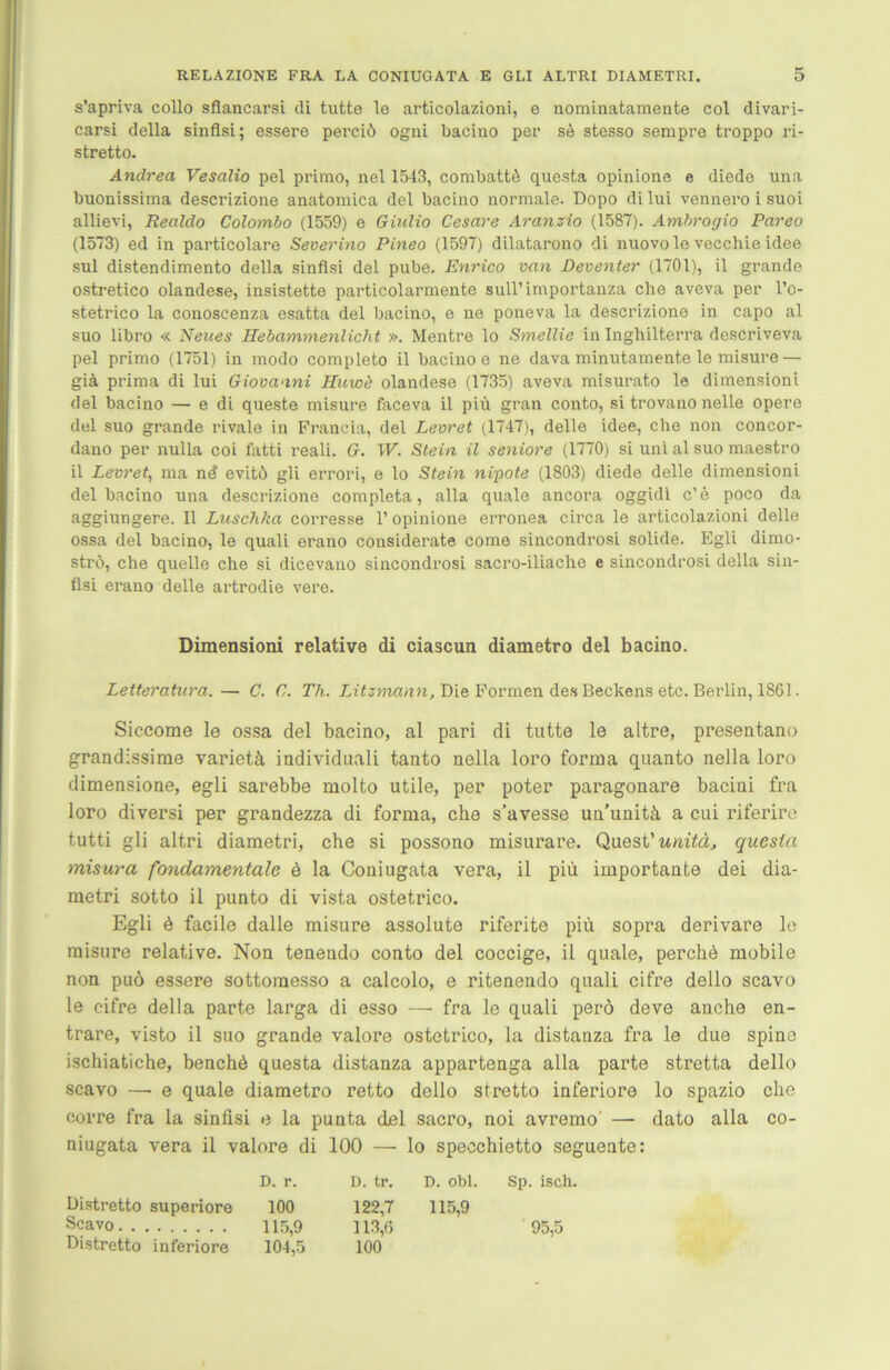 s’apriva collo sfiancarsi di tutte le articolazioni, e nominatamente col divari- carsi della sinflsi; essere perciö ogni bacino per se stesso sempre troppo ri- stretto. Andrea Vesalio pel primo, nel 1543, combattä questa opinione e diede una buonissima descrizione anatomica del bacino normale. Dopo dilui vennero i suoi allievi, Realdo Colombo (1559) e Giulio Cesare Aranzio (1587). Ambrogio Pareo (1573) ed in particolare Severino Pineo (1597) dilatarono di nuovole vecchie idee sul distendimento della sinflsi del pube. Enrico van Deventer (1701), il grande ostretico olandese, insistette particolarmente sull’importanza che aveva per l’o- stetrico la conoscenza esatta del bacino, e ne poneva la descrizione in capo al suo libro « Neues Hebammenlicht ». Mentre lo Smellie in Inghilterra descriveva pel primo (1751) in modo completo il bacino e ne dava minutamente le misure — giä prima di lui Giovanni Huvok olandese (1735) aveva misurato le dimensioni del bacino — e di queste misure faceva il piü gran conto, si trovano nelle opere del suo grande rivale in Francia, del Levret (1747), delle idee, che non concor- dano per nulla coi fatti reali. G. W. Stein il seniore (1770) si uni al suo maestro il Levret, ma nd evitö gli errori, e lo Stein nijpote (1803) diede delle dimensioni del bacino una descrizione completa, alla quäle ancora oggidl c’e poco da aggiungere. Il Luschka corresse 1’ opinione erronea circa le articolazioni delle ossa del bacino, le quali erano considerate come sincondrosi solide. Egli dimo- strö, che quelle che si dieevano sincondrosi sacro-iliache e sincondrosi della sin- flsi erano delle ai’trodie vere. Dimensioni relative di ciascun diametro del bacino. Leiteratura. — C. C. Th. Litzmann, Die Formen des Beckens etc. Berlin, 1861. Siccome le ossa del bacino, al pari di tutte le altre, presentano grandissime varietä individuali tanto nella loro forma quanto nella loro dimensione, egli sarebbe molto utile, per poter paragonare bacioi fra loro diversi per grandezza di forma, che s’avesse un'unitä a cui riferire tutti gli altri diametri, che si possono misurare. Quest’ unitäj questa misura fondamentale 6 la Coniugata vera, il piü importante dei dia- metri sotto il punto di vista ostetrico. Egli ö facile dalle misure assolute riferite piü sopra derivare lo misure relative. Non tenendo conto del coccige, il quäle, perchö mobile non puö essere sottomesso a calcolo, e ritenendo quali cifre dello scavo le cifre della parte larga di esso — fra le quali perö deve anche en- trare, visto il suo grande valore ostetrico, la distanza fra le due spine ischiatiche, benchö questa distanza appartenga alla parte stretta dello scavo — e quäle diametro retto dello stretto inferiore lo spazio cho eorre fra la sinflsi e la punta del sacro, noi avremo' — dato alla co- niugata vera il valore di 100 — lo specchietto seguente: Distretto superiore Scavo Distretto inferiore D. r. D. tr. D. obl. Sp. isch. 100 122,7 115,9 115,9 113,6 95,5 104,5 100