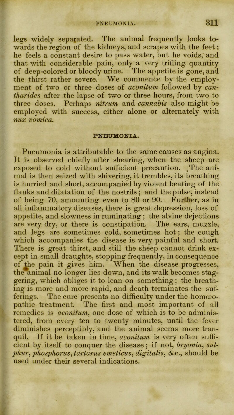 legs widely sepayated. The animal frequently looks to- wards the region of the kidneys, and scrapes with the feet; he feels a constant desire to pass water, but he voids,'and that with considerable pain, only a very trifling quantity of deep-colored or bloody urine. The appetite is gone, and the thirst rather severe. We commence by the employ- ment of two or three doses of aconitum followed by can- t/iarides after the lapse of two or three hours, from two to three doses. Perhaps nitrum and cannabis also might be employed with success, either alone or alternately with nux vomica. PNEUMOlflA. Pneumonia is attributable to the same causes as angina. It is observed chiefly after shearing, when the sheep are exposed to cold without sufhcient precantion. ,The ani- mal is then seized with shivering, it trembles, its breathing is hurried and short, accompanied by violent beating of the flanks and dilatation of the nostrils ; and the pulse, instead of being 70, amounting even to 80 or 90. Further, as in all inflammatory diseases, there is great depression, loss of appetite, and slowness in ruminating ; the alvine dejections are very dry, or there is constipation. The ears, mnzzle, and legs are sometimes cold, sometimes hot; the cough which accompanies the disease is very painful and short. There is great thirst, and still the sheep cannot drink ex- cept in small draughts, stopping frequently, in consequence of tiie pain it gives him. When the disease progresses, the animal no longer lies down, and its walk becomes stag- gering, which obliges it to lean on something; the breath- ing is more and more rapid, and death terminates the suf- ferings. The eure presents no difficulty under the homeeo- pathic treatment. The first and most important of all remedies is aconitum, one dose of which is to be adminis- tered, from every teil to twenty minutes, until the fever diminishes perceptibly, and the animal seems more tran- quil. If it be taken in time, aconitum is very often suffi- cient by itself to conquer the disease; if not, bryonia, sul- phur, phospliorus, tartarus emeticus, digitalis, &c., should be used under their several indications.