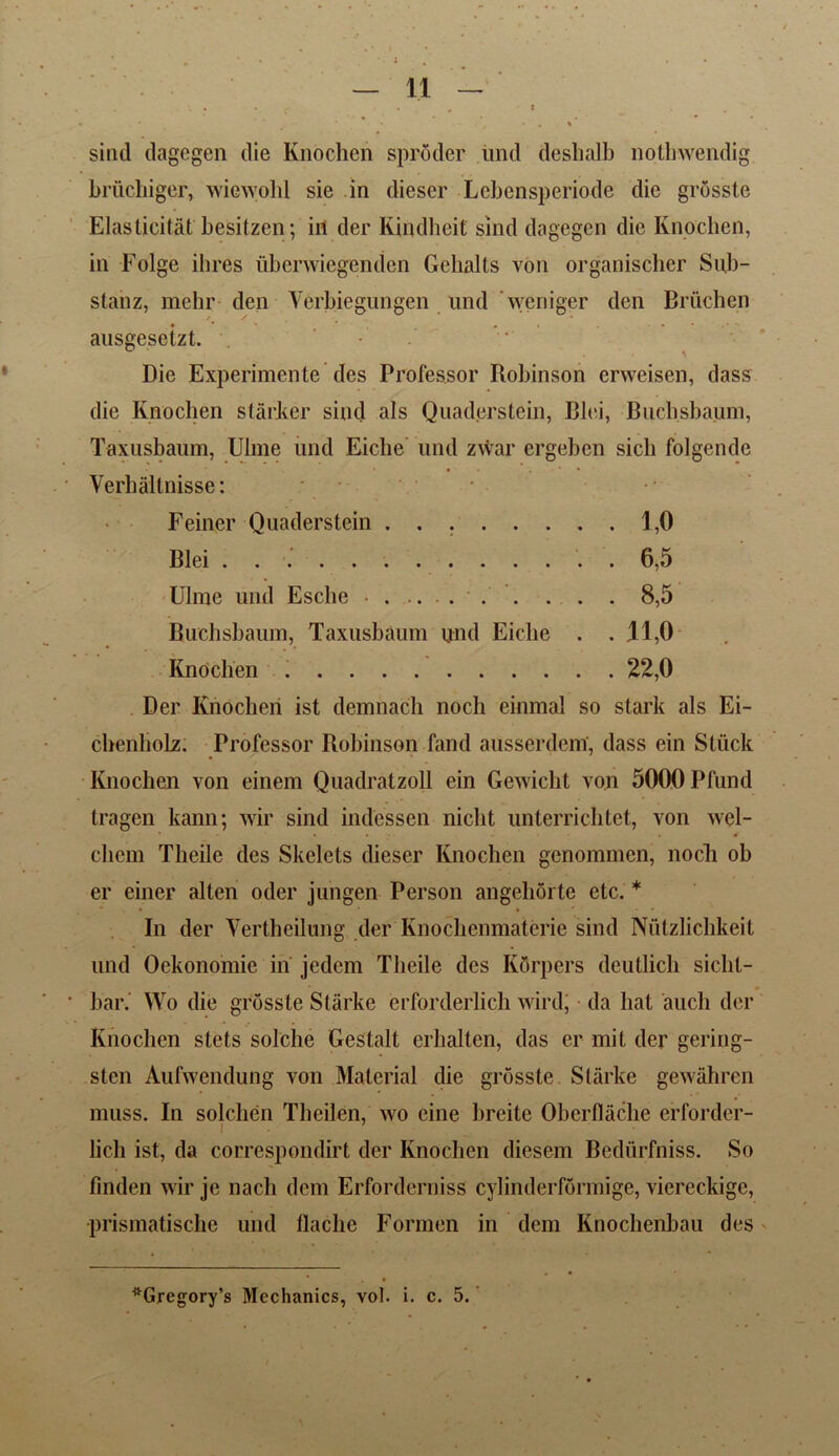 r ♦ , i . sincl dagegen die Knochen sproder und deshalb nothwendig brucbiger, wiewohl sie in dieser Lebensperiode die grosste Elasticitat Lesitzen; in der Kindheit sind dagegen die Knochen, in Folge ihres ubenviegenden Gehalts von organischer Sub- stanz, mehr den Verbiegungen und weniger den Bruchen ausgesetzt. Die Experimcnte dcs Professor Robinson ervveisen, dass die Knochen starker sind als Quaderstein, Blci, Buchsbaum, Taxusbaum, Ulme und Eiclie und zwar ergeben sich folgende Verbaitnisse: Feiner Quaderstein 1,0 Blei . 6,5 Ulme und Esclie • . . . . . 8,5 Buchsbaum, Taxusbaum und Eiclie . . 11,0 Knochen 22,0 Der Knochen ist demnach nocli einmal so stark als Ei- chenhoLz. Professor Robinson fand ausserdem', dass ein Stuck Knochen von einem Quadratzoll ein Gewicht von 5000Pfund tragen kann; wir sind indessen nicht unterrichtet, von wel- chem Theile des Skelets dieser Knochen genommen, nocli ob er einer alten oder jungen Person angehSrte etc. * In der Vertheilung der Knochenmaterie sind Nutzlicbkeit und Oekonomie in jcdcm Theile dcs Kbrpers deutlich siclit- bar. Wo die grosste Starke erforderlich wird; da hat aucli der Knochen stets solche Gestalt erhalten, das er mit der gering- sten Aufwendung von Material die grosste. Starke gewahren muss. In solchen Theilen, wo cine lireite Obcrflache erforder- lich ist, da correspondirt der Knochen diesem Bediirfniss. So finden wir je nach dem Erforderniss cylindcrformige, viereckige, prismatische und llaclie Formen in dem Knochenbau des ^Gregory’s Mechanics, vol. i. c. 5.