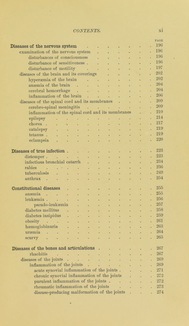 PAGE Diseases of the nervous System 196 examination of the nervous System . . . . • .196 disturbanees of consciousness 196 disturbance of sensitiveness 196 disturbance of motility 19< diseases of tbe brain and its coverings 202 hyperaemia of tbe brain ....... 202 ansemia of tbe brain 204 cerebral bemorrbage 204 inflammation of tbe brain 206 diseases of the spinal cord and its membranes .... 209 cerebro-spinal meningitis ....... 209 inflammation of tbe spinal cord and its membranes . . 210 epilepsy .......... 214 cborea 217 catalepsy 219 tetanus ........... 219 eclampsia .......... 220 Diseases of true infection 223 distemper ........... 223 infectious bronchial catarrh ....... 234 rabies ........... 236 tuberculosis .......... 249 antbrax ........... 254 Constitutional diseases 255 ansemia ........... 255 leuksemia ........... 256 pseudo-leukaemia . 257 diabetes mellitus ......... 258 diabetes insipidus . . 259 obesity ........... 261 hsemoglobinuria 263 ursemia . 264 scurvy ........... 265 Diseases of the bones and articulations 267 rbacbitis .......... 267 diseases of tbe joints ......... 269 inflammation of tbe joints 269 acute synovial inflammation of tbe joints . . . .271 chronic synovial inflammation of tbe joints . . .272 purulent inflammation of the joints 272 rheumatic inflammation of the joints .... 273 disease-producing malformation of tbe joints . . . 274