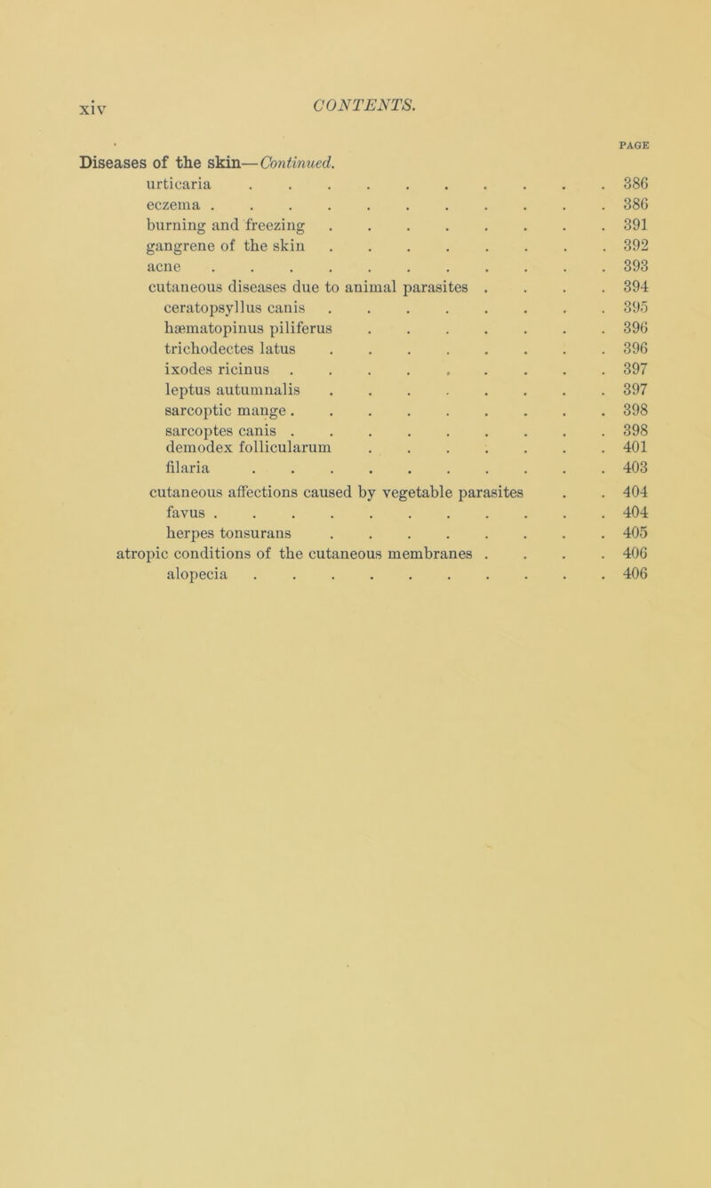 • PAGE Diseases of the skin—Continued. urticaria 386 eczema ........... 386 burning and f'reezing 391 gangrene of tlie skin 392 acne 393 cutaneous diseases due to animal parasites .... 394 ceratopsyllus canis 395 haematopinus piliferus ....... 396 trichodectes latus 396 ixodes ricinus ......... 397 leptus autumnalis ........ 397 sarcoptic mange 398 sarcoptes canis 398 demodex follicularum ....... 401 filaria .......... 403 cutaneous affections caused by vegetable parasites . . 404 favus ........... 404 kerpes tonsurans ........ 405 atropic conditions of the cutaneous membranes .... 406 alopecia 406